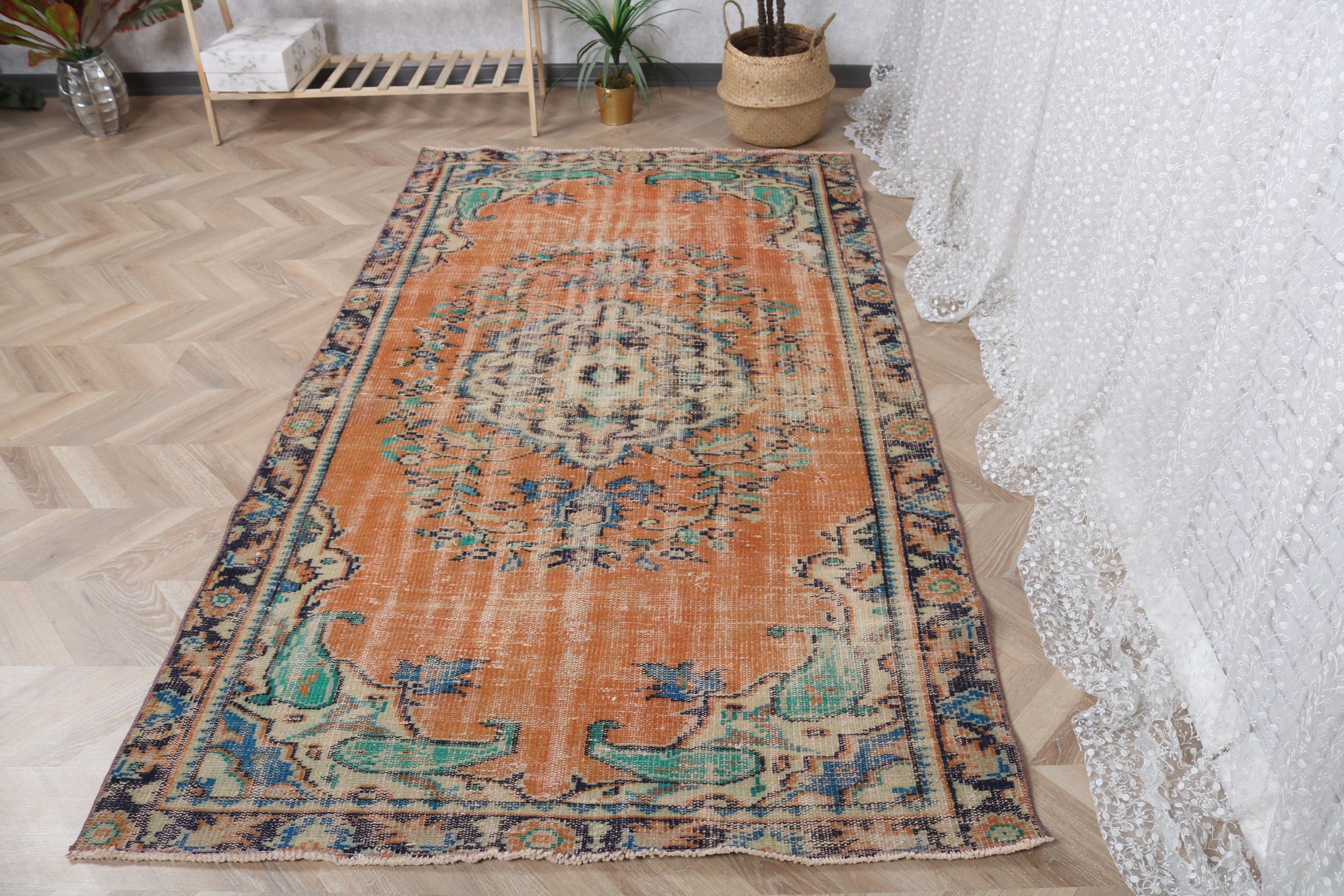 Vintage Halılar, Fas Halıları, Boho Alan Halıları, Turuncu El Dokuma Halı, Geometrik Halı, 4,3x7,6 ft Alan Halıları, Yatak Odası Halısı, Türk Halıları