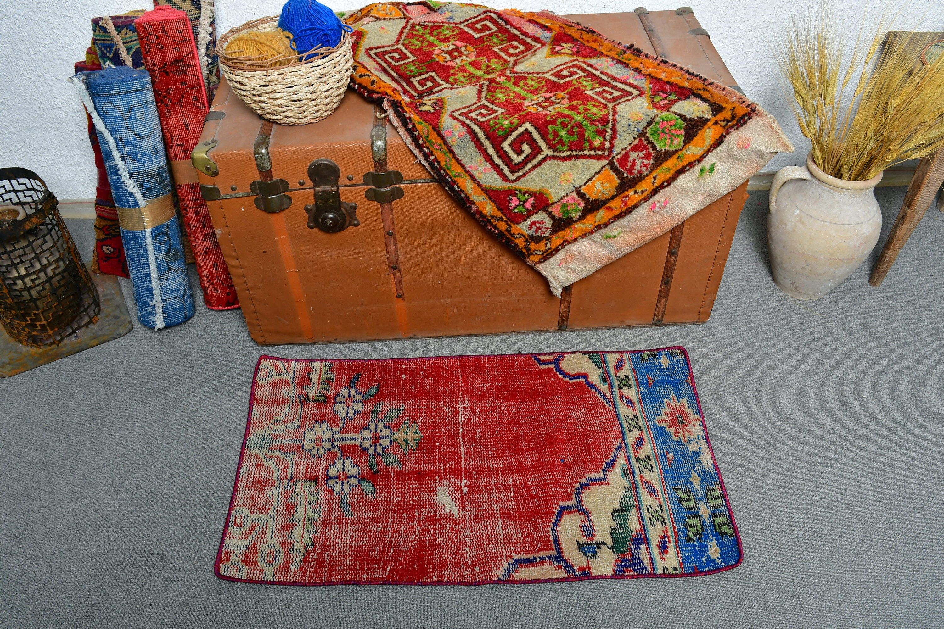 Turkish Rug, Rugs for Bath, Door Mat Rug, Bedroom Rug, Wool Rug, Red Wool Rugs, 1.6x2.9 ft Small Rugs, Aztec Rug, Vintage Rugs, Bath Rug
