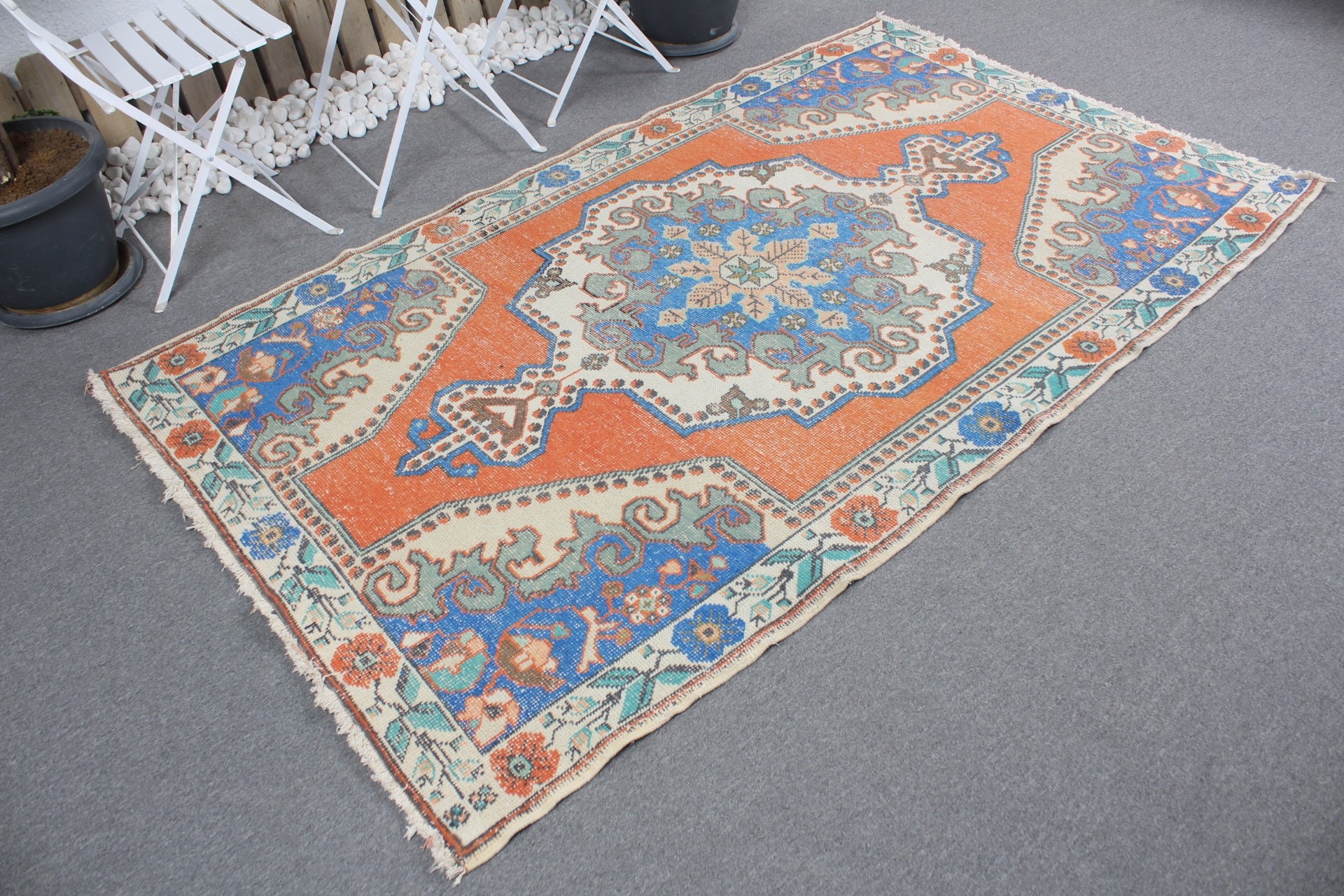 Bedroom Rug, Floor Rug, Vintage Rugs, Turkish Rug, 4.4x7.4 ft Area Rug, Rugs for Area, Living Room Rug, Orange Wool Rug