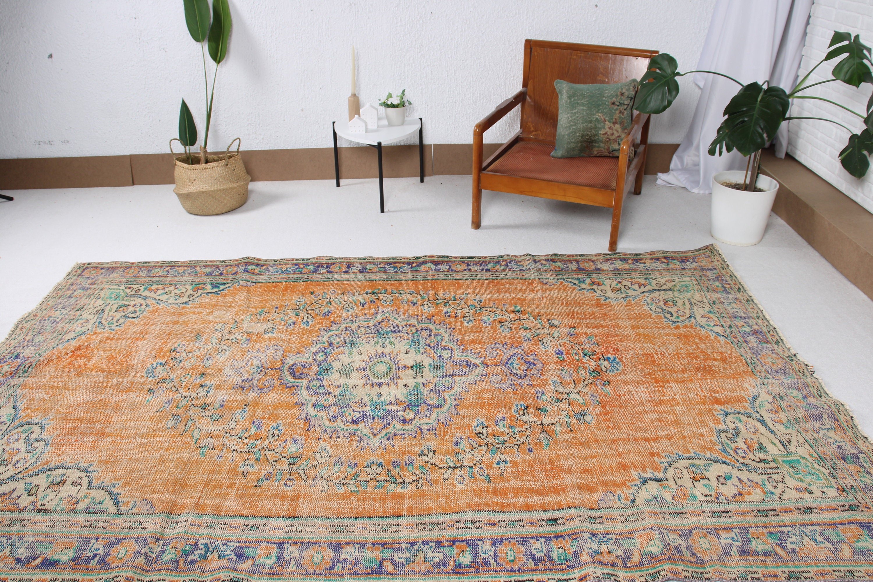 Açıklama Halısı, Büyük Vintage Halılar, 5.5x9.3 ft Büyük Halılar, Turuncu Oushak Halısı, Ev Dekorasyonu Halısı, Vintage Halılar, Yatak Odası Halıları, Türk Halısı