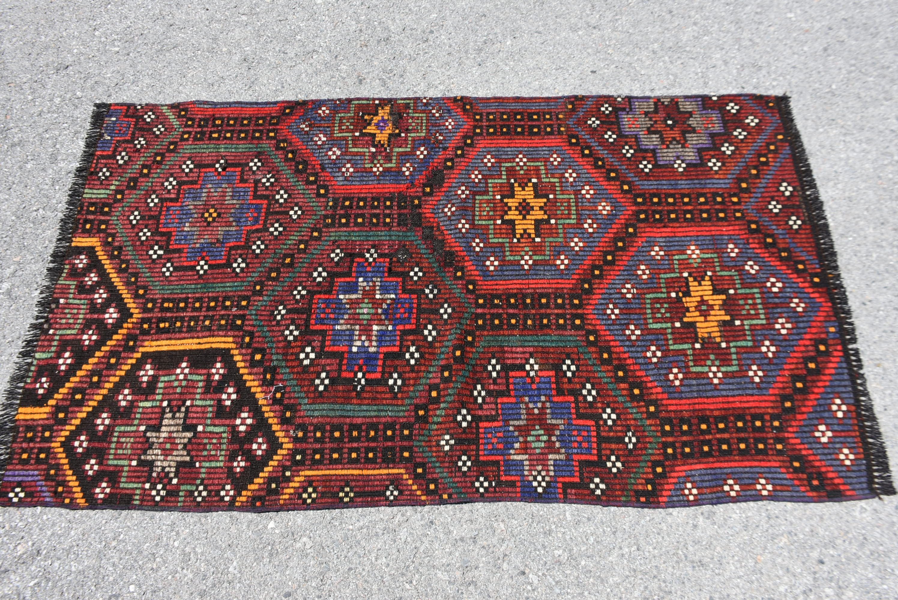 Kilim, Mutfak Halıları, 3x5.1 ft Accent Halı, Yatak Odası Halıları, Türk Halısı, Kırmızı Ev Dekor Halıları, Ev Dekor Halısı, Çocuk Halıları, Vintage Halılar