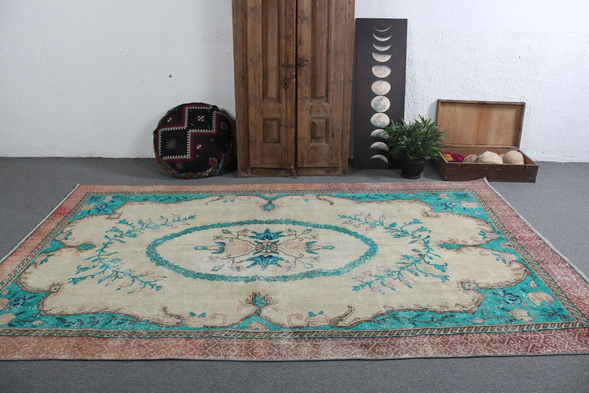 Büyük Vintage Halı, Modern Halılar, Vintage Halılar, Büyük Oushak Halıları, Türk Halısı, Bej Anadolu Halıları, Oryantal Halılar, 6,3x10,4 ft Büyük Halı