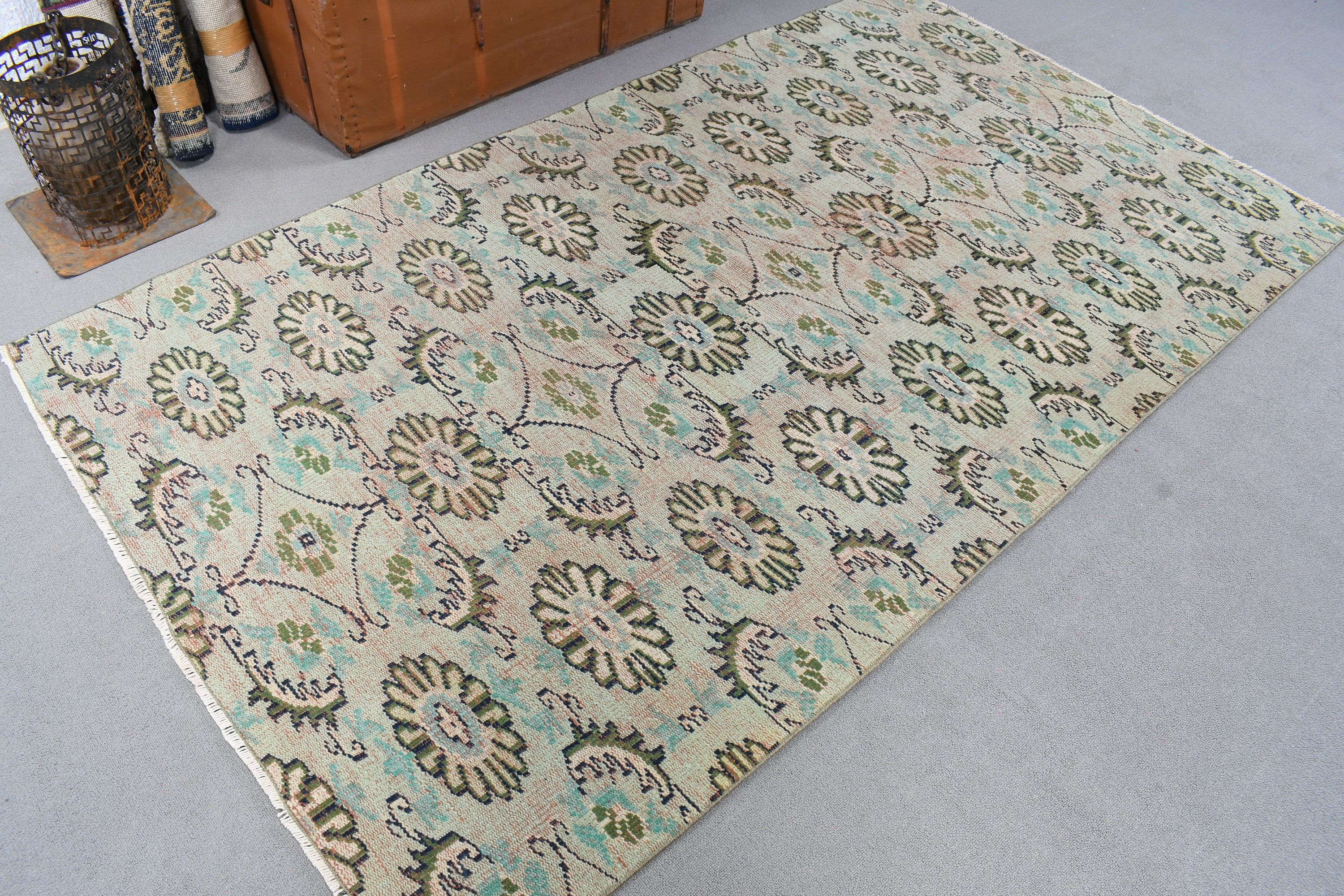 Indoor Rug, Kitchen Rug, Neutral Rug, 4.3x7.4 ft Area Rugs, Oushak Area Rug, Artistic Rug, Vintage Rug, Turkish Rugs, Green Oriental Rugs