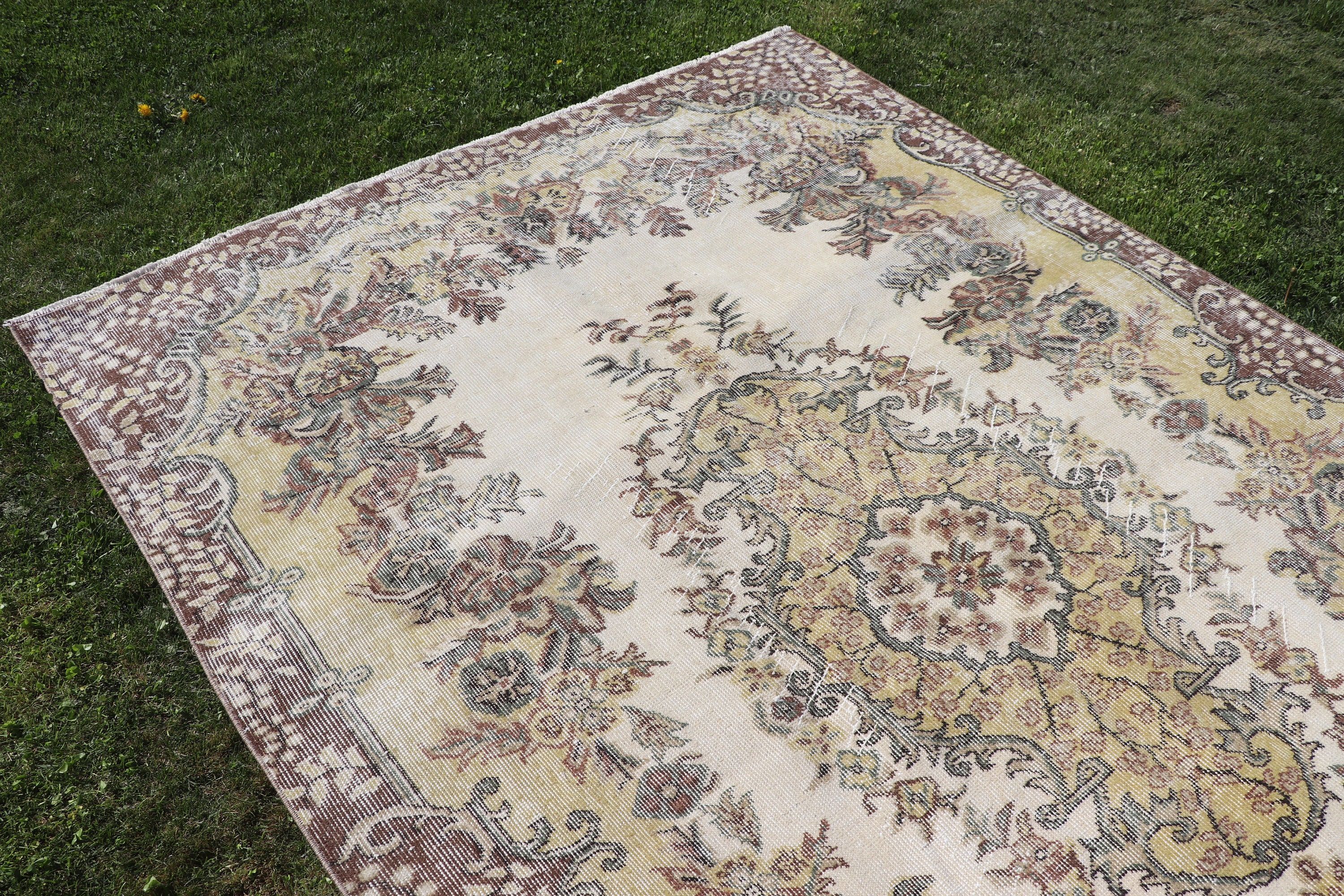 Oushak Halıları, 5.5x8.8 ft Büyük Halı, Vintage Halı, Türk Halıları, Egzotik Halılar, Salon Halısı, Bej Anadolu Halısı, Geometrik Halılar, Yemek Odası Halısı