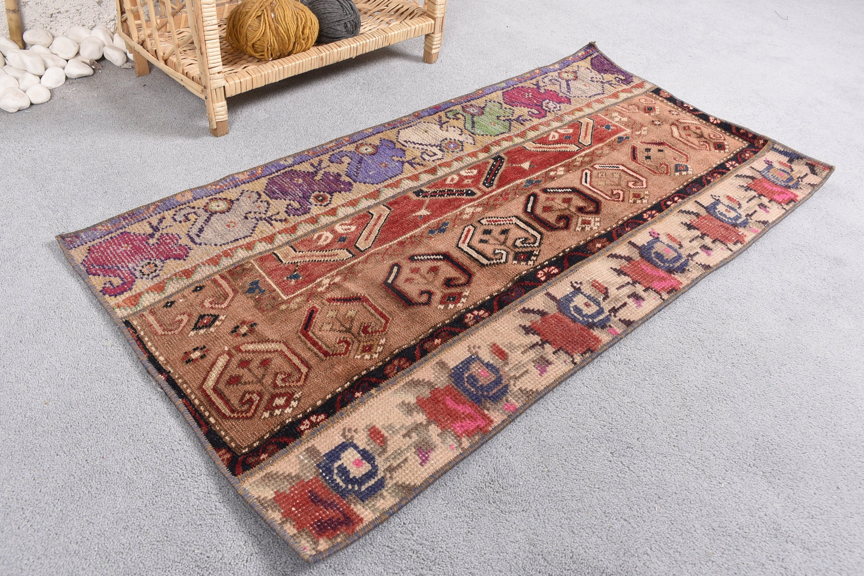 Turkish Rugs, Decorative Rug, Vintage Rug, Brown Wool Rug, Bathroom Rug, Rugs for Entry, Bedroom Rug, 1.8x3.5 ft Small Rug, Wool Rug