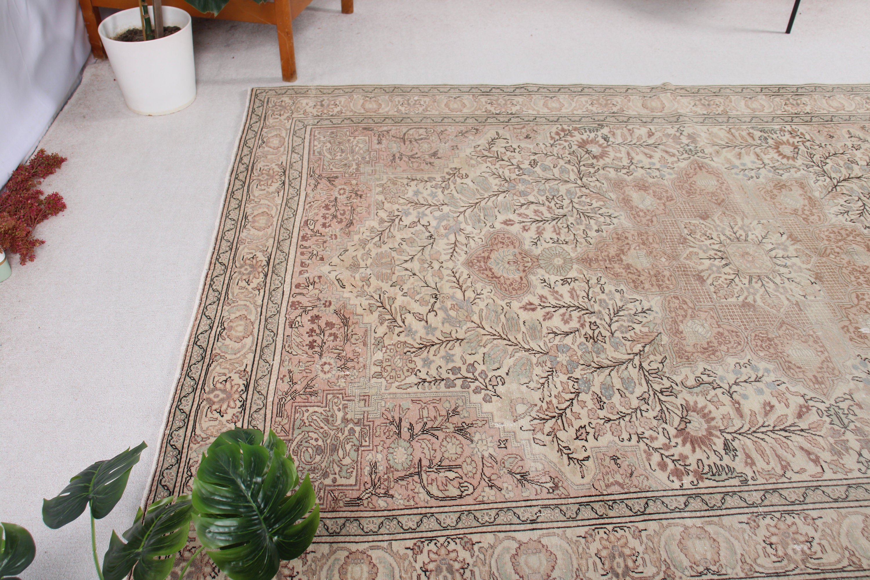 Büyük Vintage Halılar, 6.4x9.4 ft Büyük Halı, Yün Halı, Mutfak Halısı, Lüks Halı, Türk Halıları, Bej Yün Halı, Vintage Halılar, Büyük Boho Halı