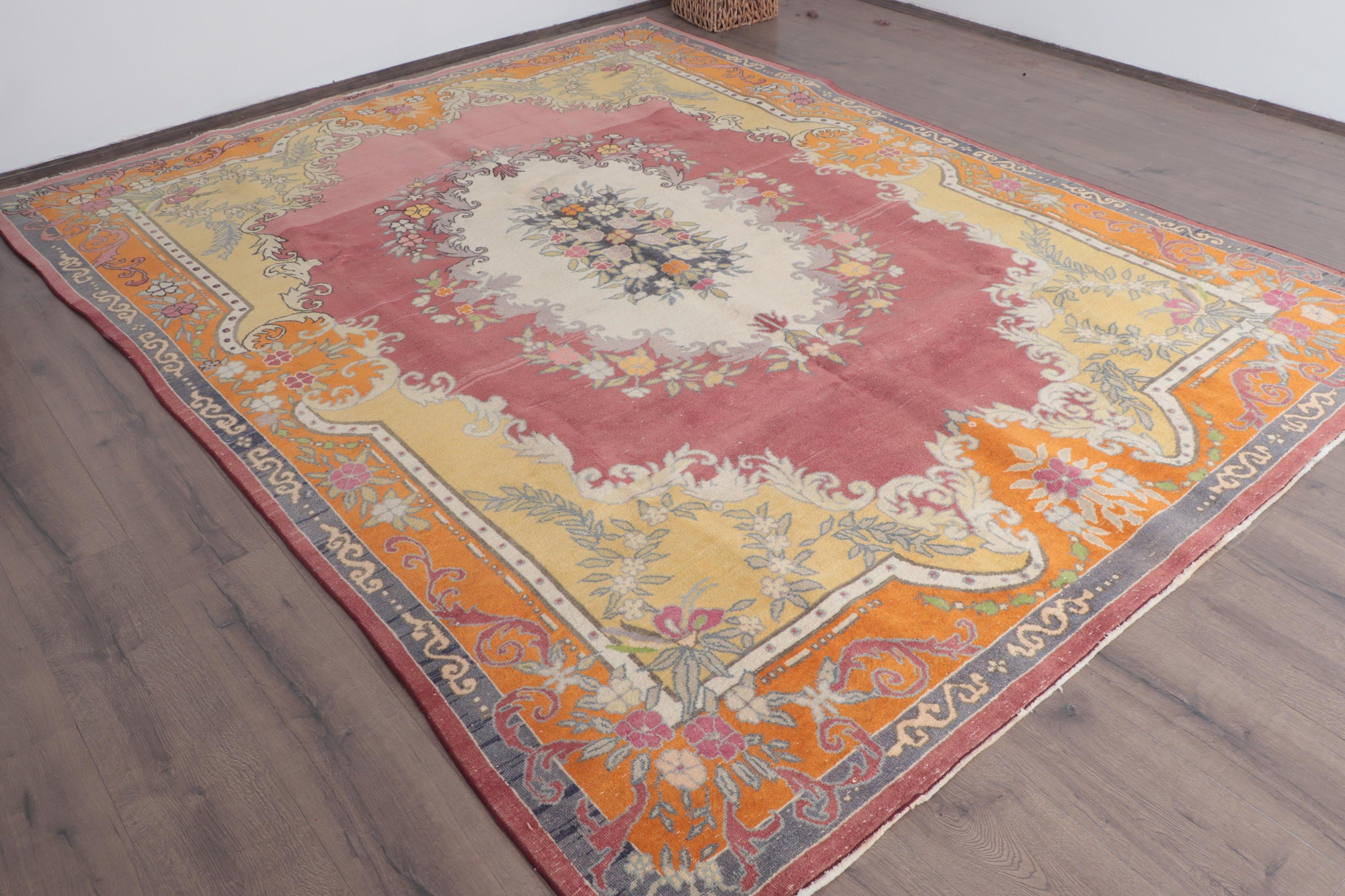 Boho Halı, Sarı Antika Halı, Nötr Halılar, Büyük Boy Türk Halısı, 7.3x9.7 ft Büyük Boy Halılar, Türk Halıları, Vintage Halılar, Yemek Odası Halısı