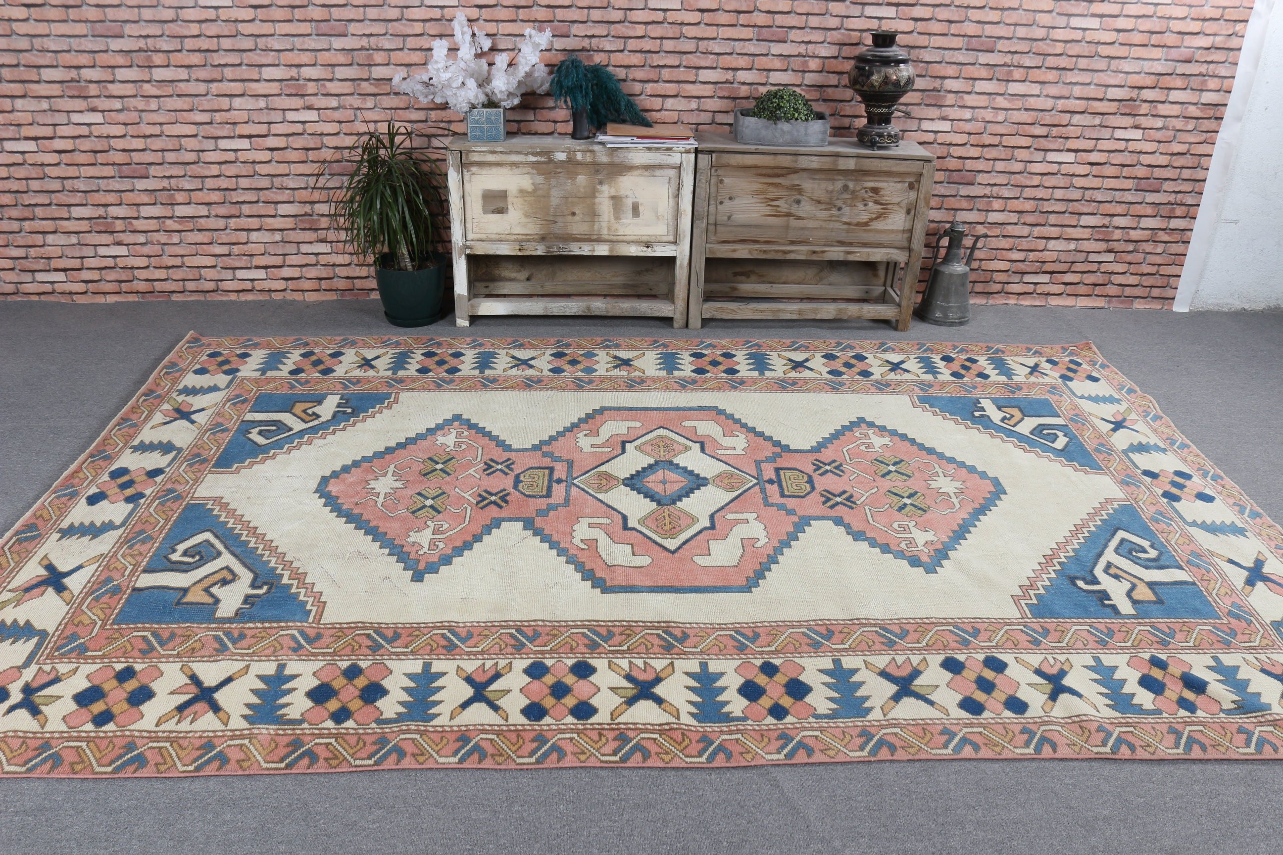 Aztec Rugs, Turkish Rug, Dining Room Rug, Geometric Rugs, Vintage Rug, 6.4x10 ft Large Rug, Floor Rug, Blue Flatweave Rugs, Large Boho Rugs