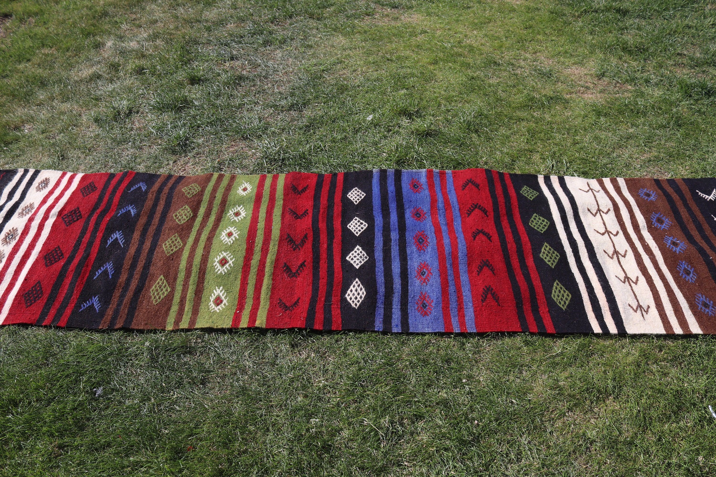 Turkish Rug, Kilim, Wool Rugs, Green Boho Rugs, Vintage Rugs, Outdoor Rugs, Long Runner Rug, 2.4x12.2 ft Runner Rug