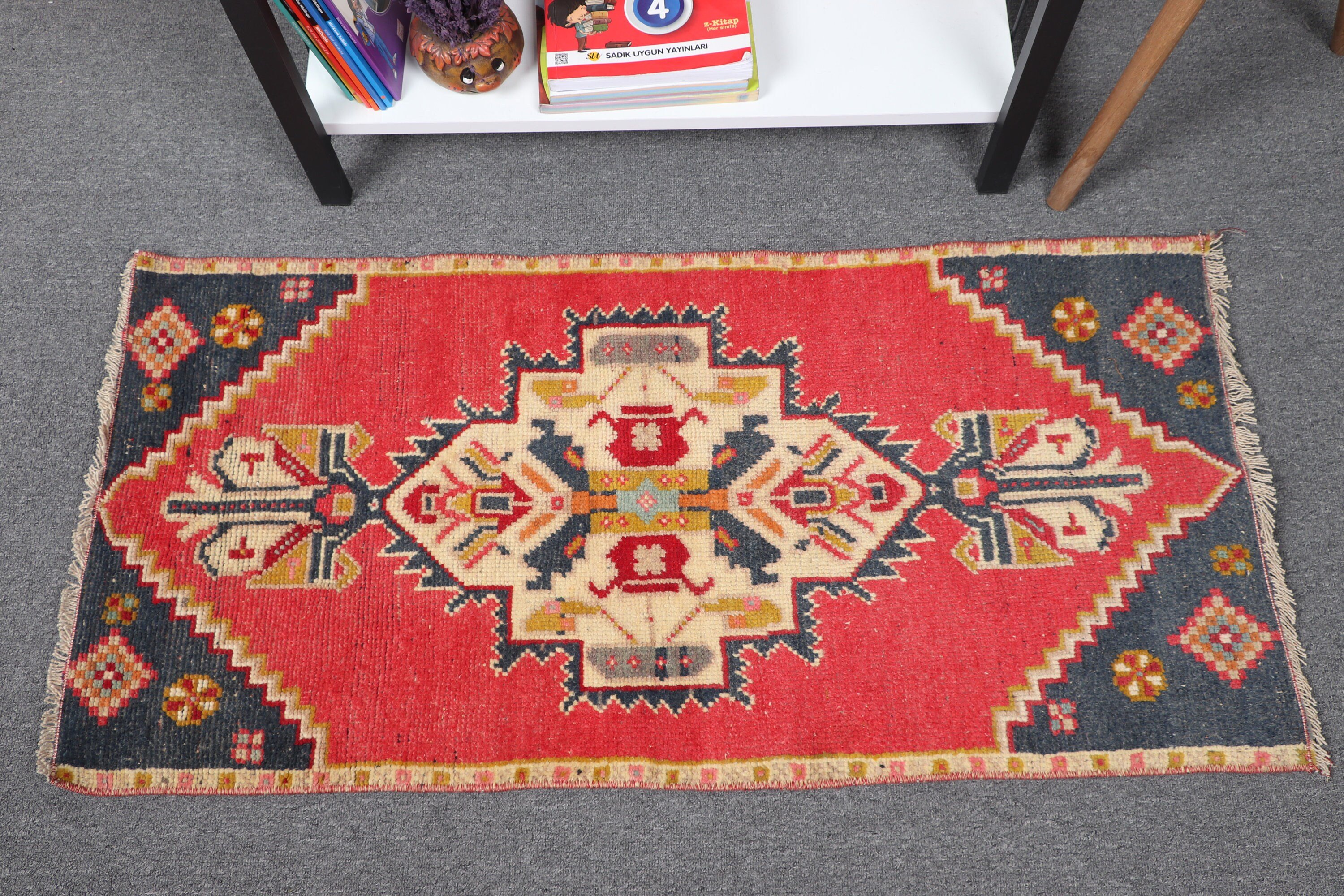 Vintage Rugs, Floor Rugs, Turkish Rugs, Car Mat Rug, Moroccan Rug, Wall Hanging Rug, 1.7x3.5 ft Small Rug, Bright Rugs, Red Kitchen Rugs