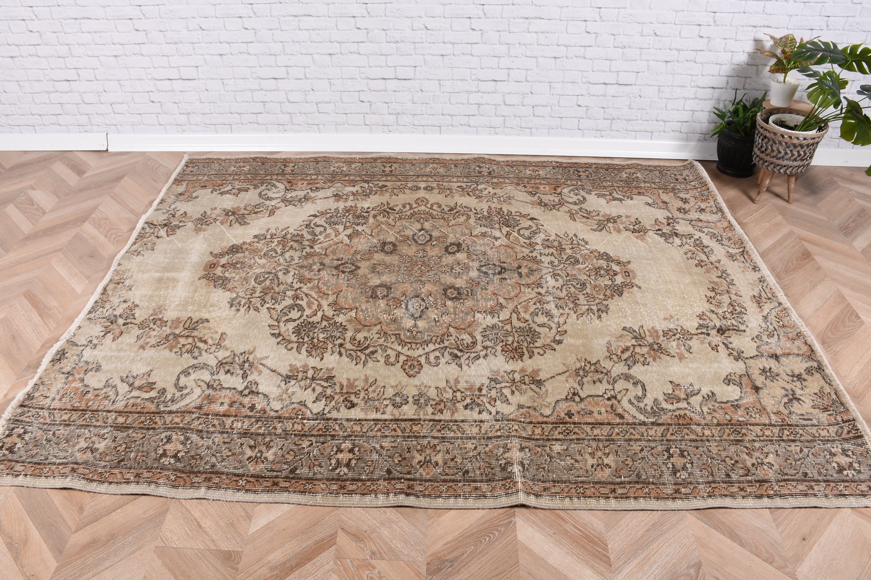 Ev Dekorasyonu Halısı, Bej Oushak Halıları, Yatak Odası Halısı, Vintage Halılar, Türk Halısı, 5.8x7.1 ft Büyük Halı, Yemek Odası Halısı, Oturma Odası Halıları