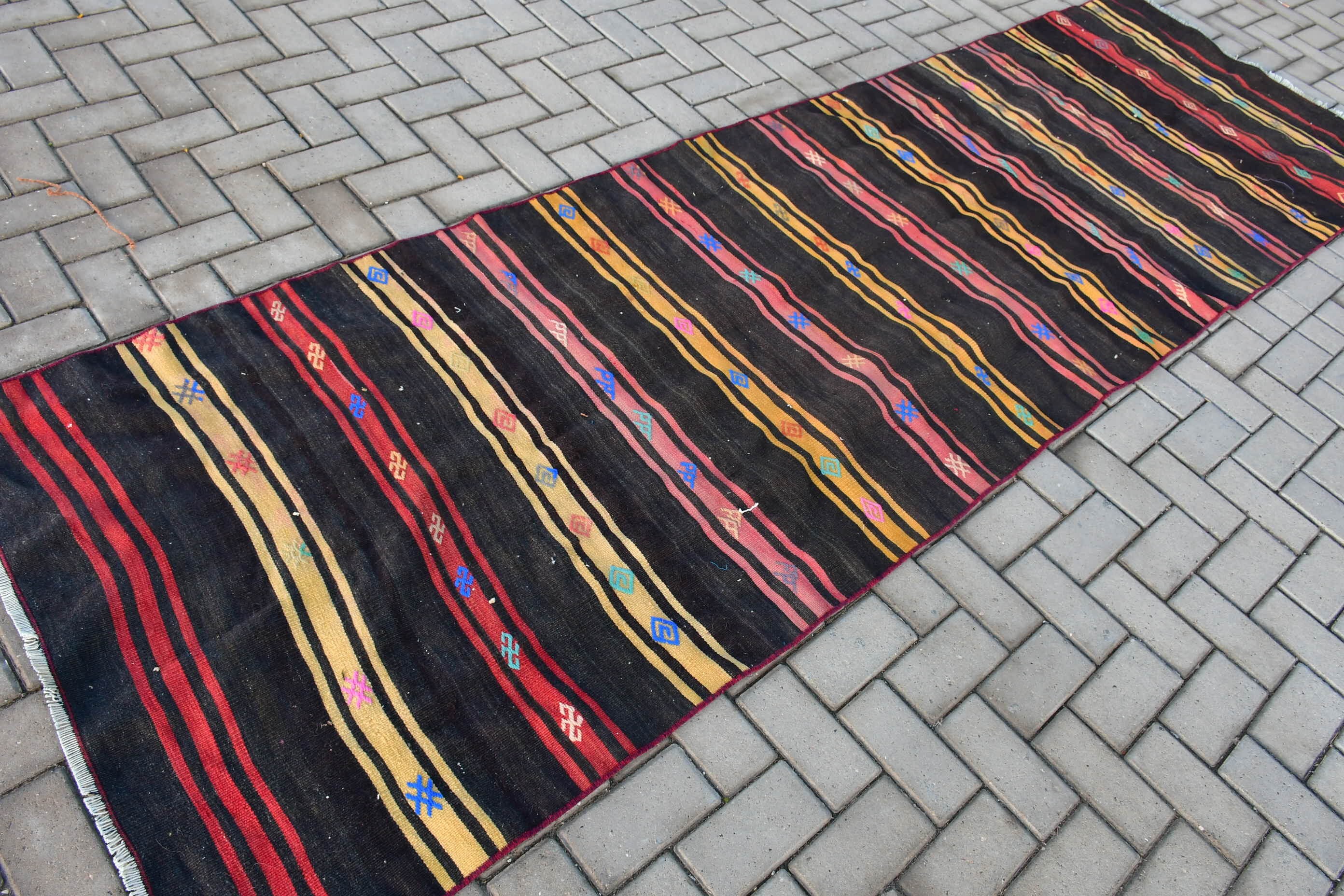 Bedroom Rug, Stair Rug, 3.3x11.3 ft Runner Rug, Cool Rug, Black Floor Rug, Kilim, Rugs for Stair, Corridor Rug, Turkish Rug, Vintage Rug