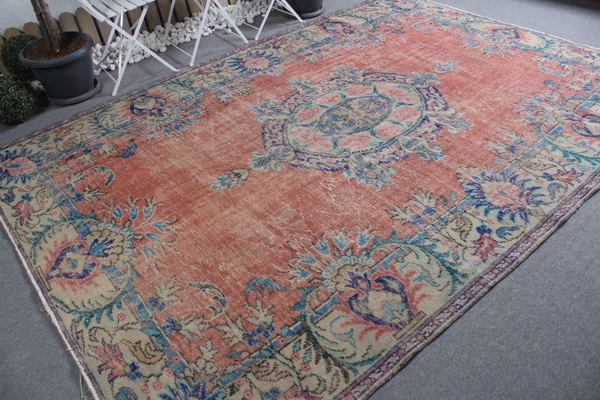 Vintage Rug, Orange Bedroom Rug, Dining Room Rug, Bedroom Rug, Turkish Rug, Salon Rug, 7.3x10.5 ft Oversize Rug, Natural Rugs, Oushak Rug