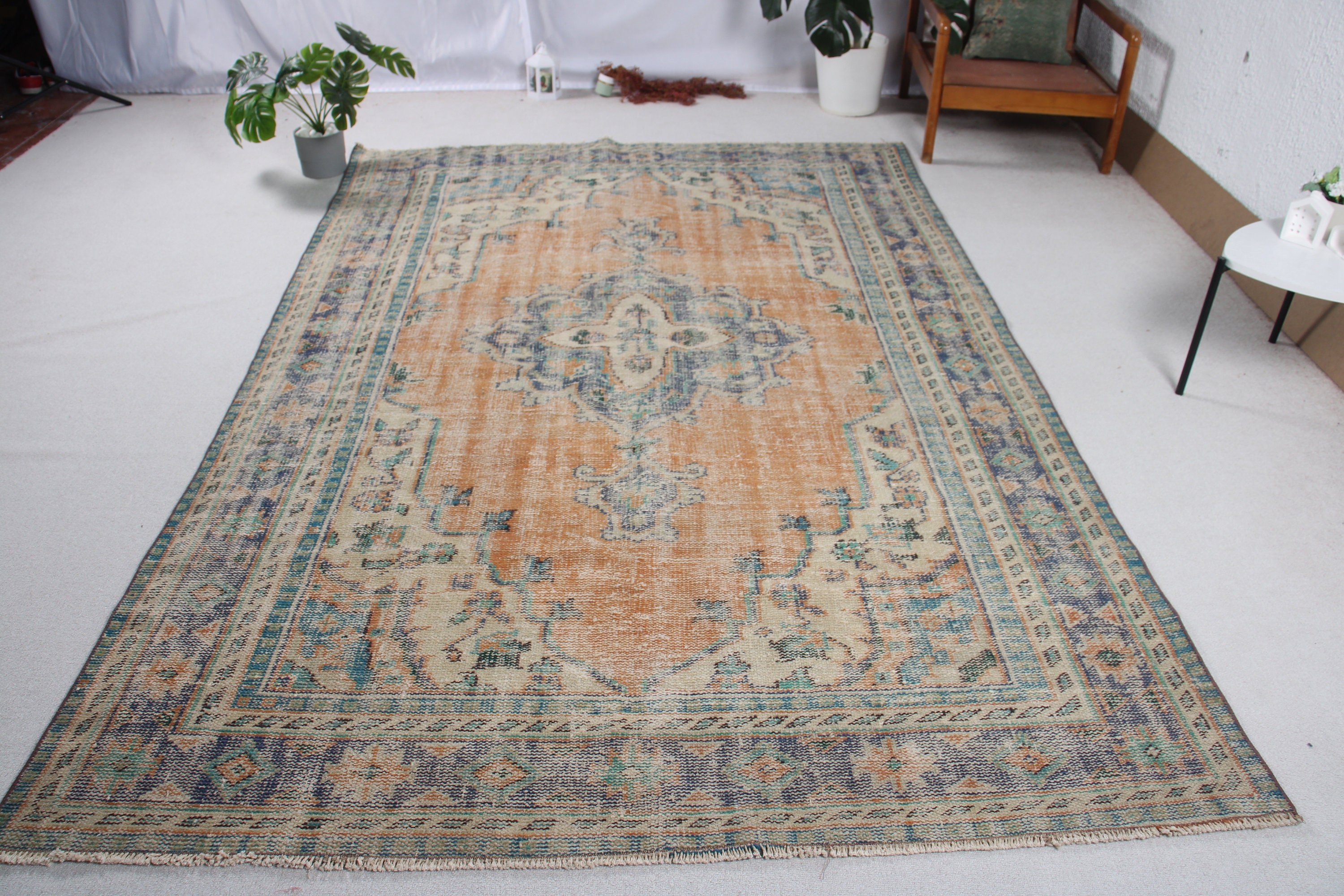 Büyük Boho Halılar, Vintage Halılar, Boho Halı, Modern Halılar, 6,3x9,4 ft Büyük Halı, Türk Halıları, Turuncu Nötr Halı, Büyük Vintage Halılar