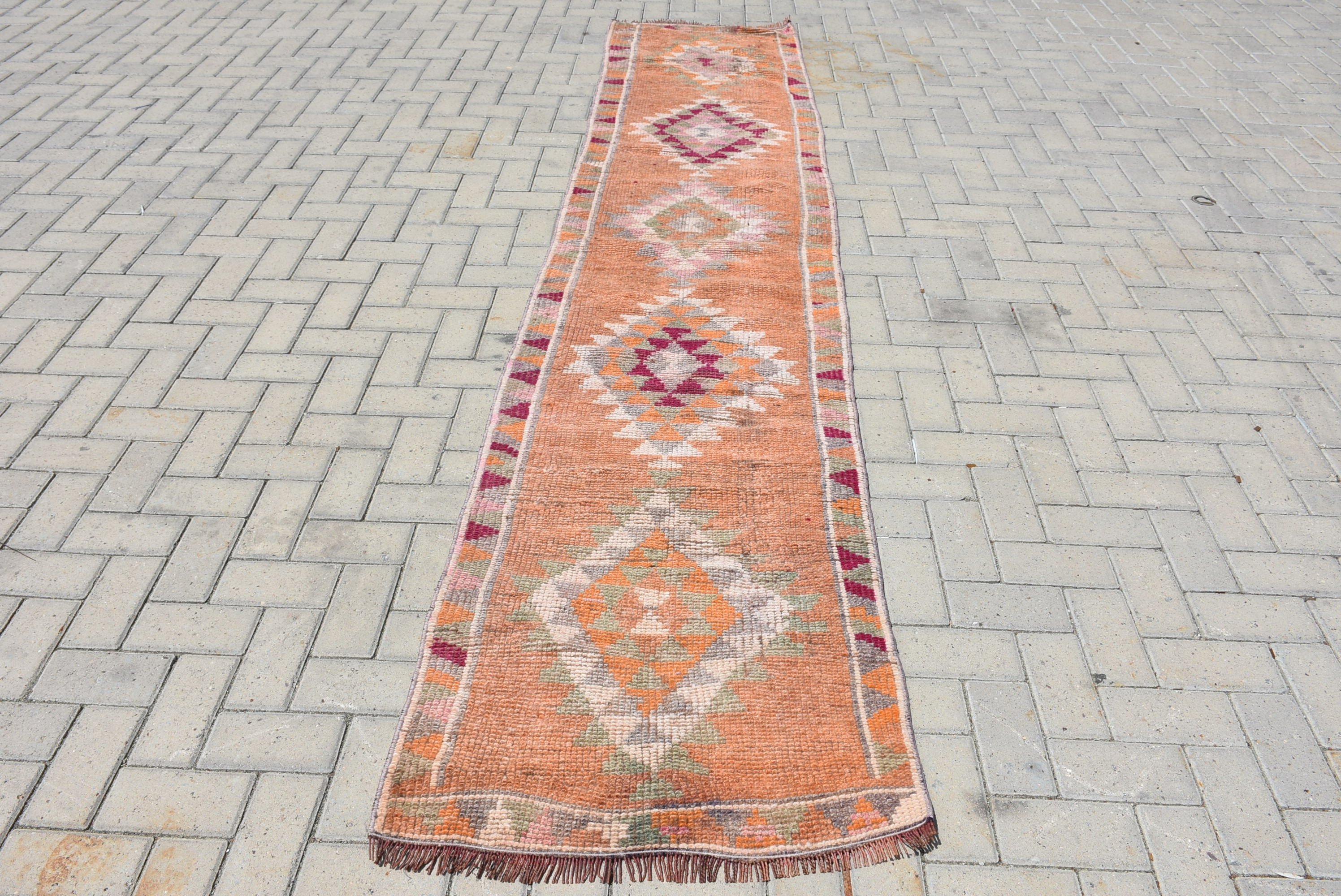 Organic Rugs, Kitchen Rugs, Anatolian Rugs, Corridor Rug, Turkish Rug, 2.5x11 ft Runner Rug, Orange Cool Rug, Vintage Rugs