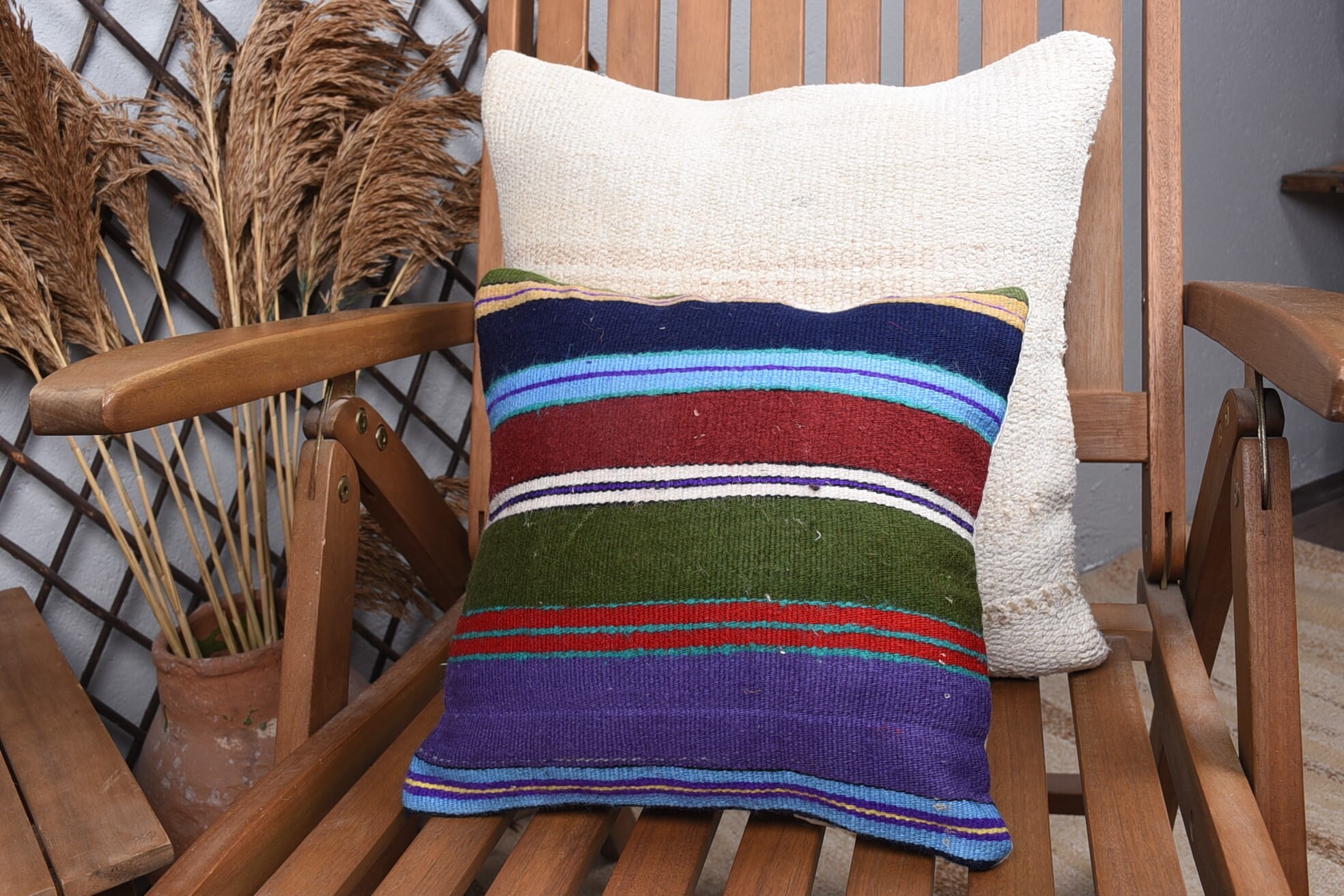 Neutral Throw Pillow, Pillow for Sofa, 12"x12" Blue Pillow Cover, Turkish Kilim Pillow, Bed Pillow Sham, Vintage Pillow