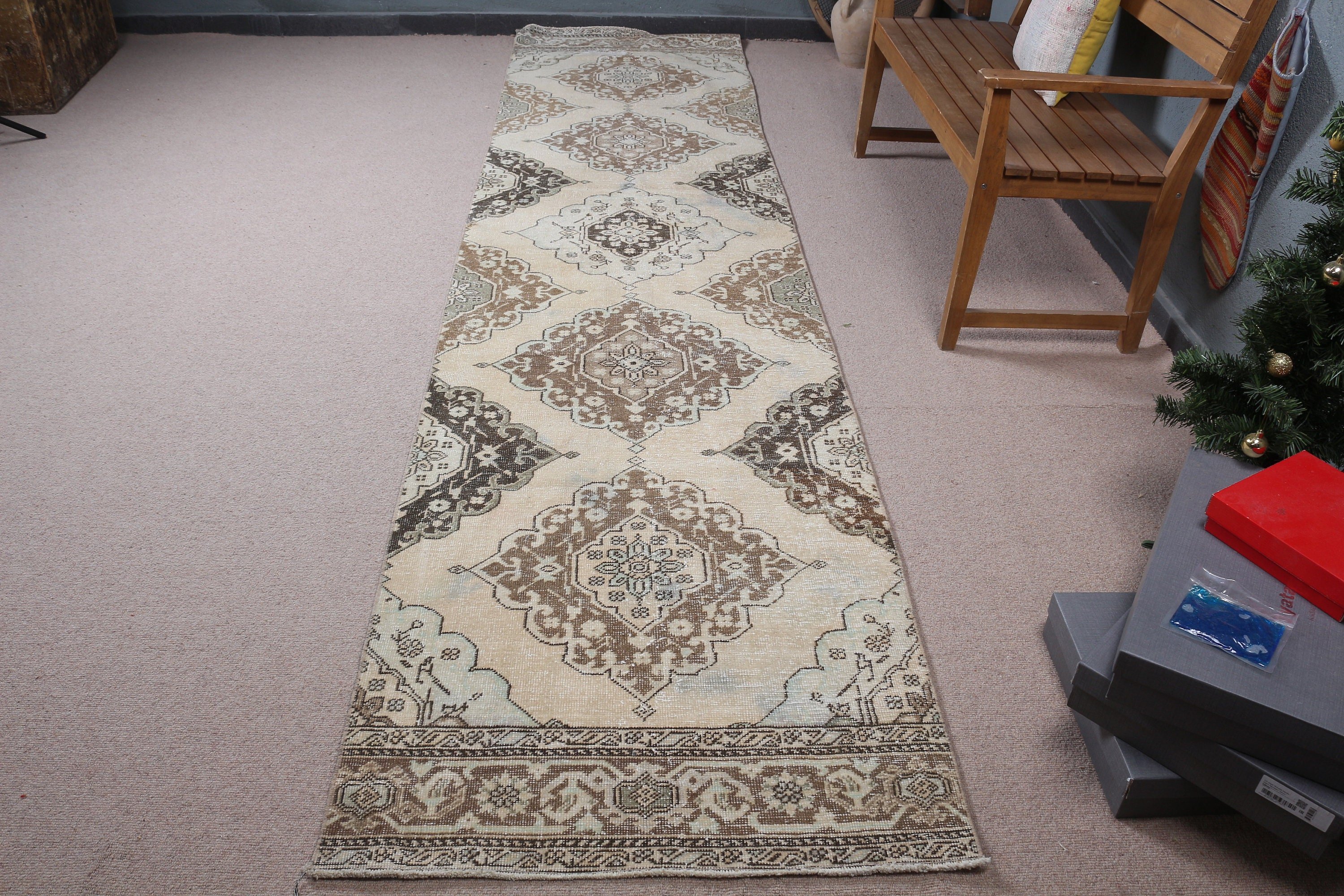 Oryantal Halı, Koridor Halısı, Türk Halısı, Koridor Halıları, 3x12.7 ft Runner Halısı, Bej Anadolu Halısı, Vintage Halı, Merdiven Halısı