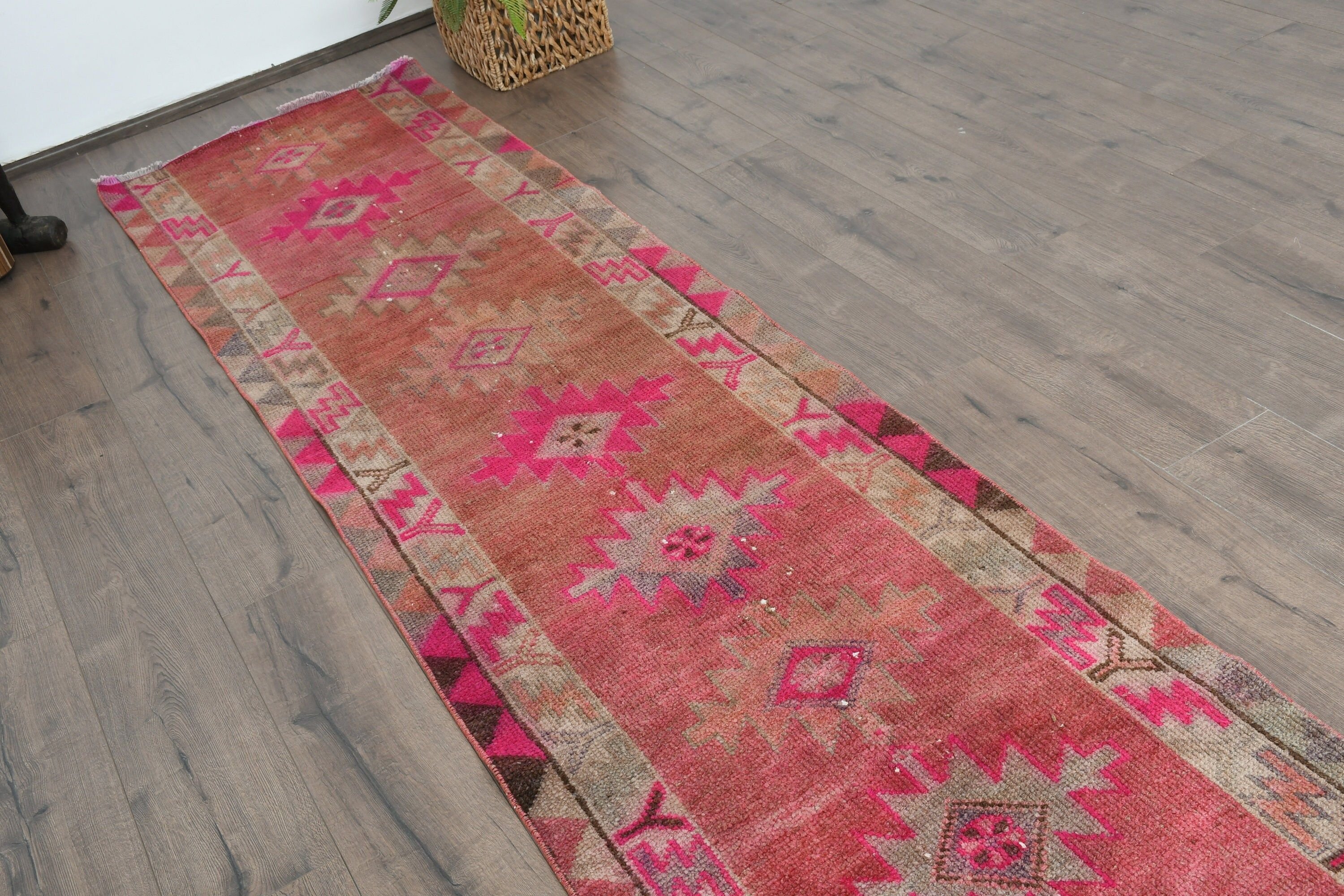 2.5x10.6 ft Runner Halıları, Vintage Halı, Pembe Yün Halılar, Mutfak Halıları, Merdiven Halıları, Koridor Halısı, Yün Halı, Ev Dekorasyonu Halısı, Türk Halıları