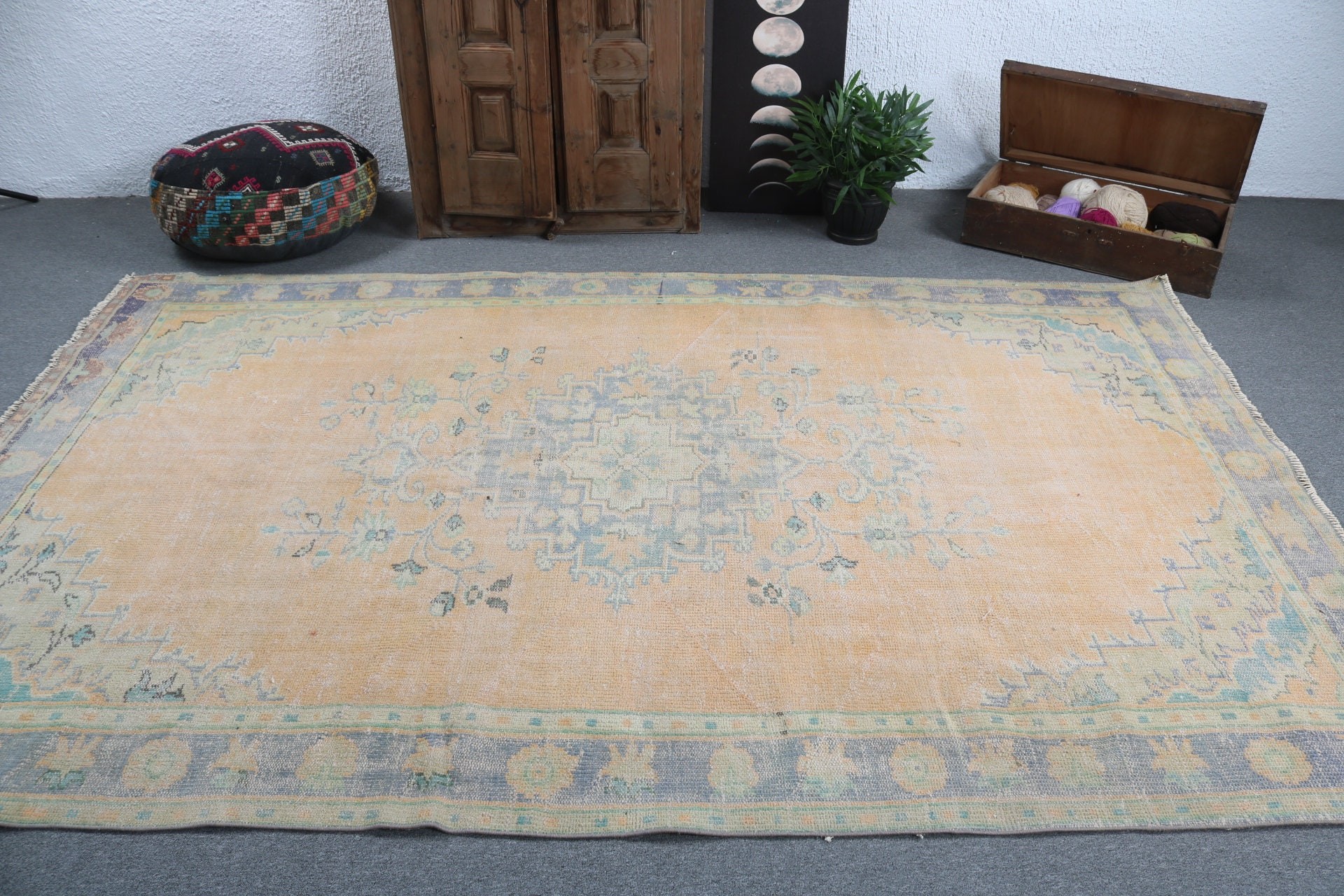 6.2x9.6 ft Büyük Halı, Salon Halıları, Sarı Geometrik Halı, Düz Dokuma Halı, Oushak Halı, Büyük Boho Halıları, Vintage Halılar, Egzotik Halı, Türk Halısı