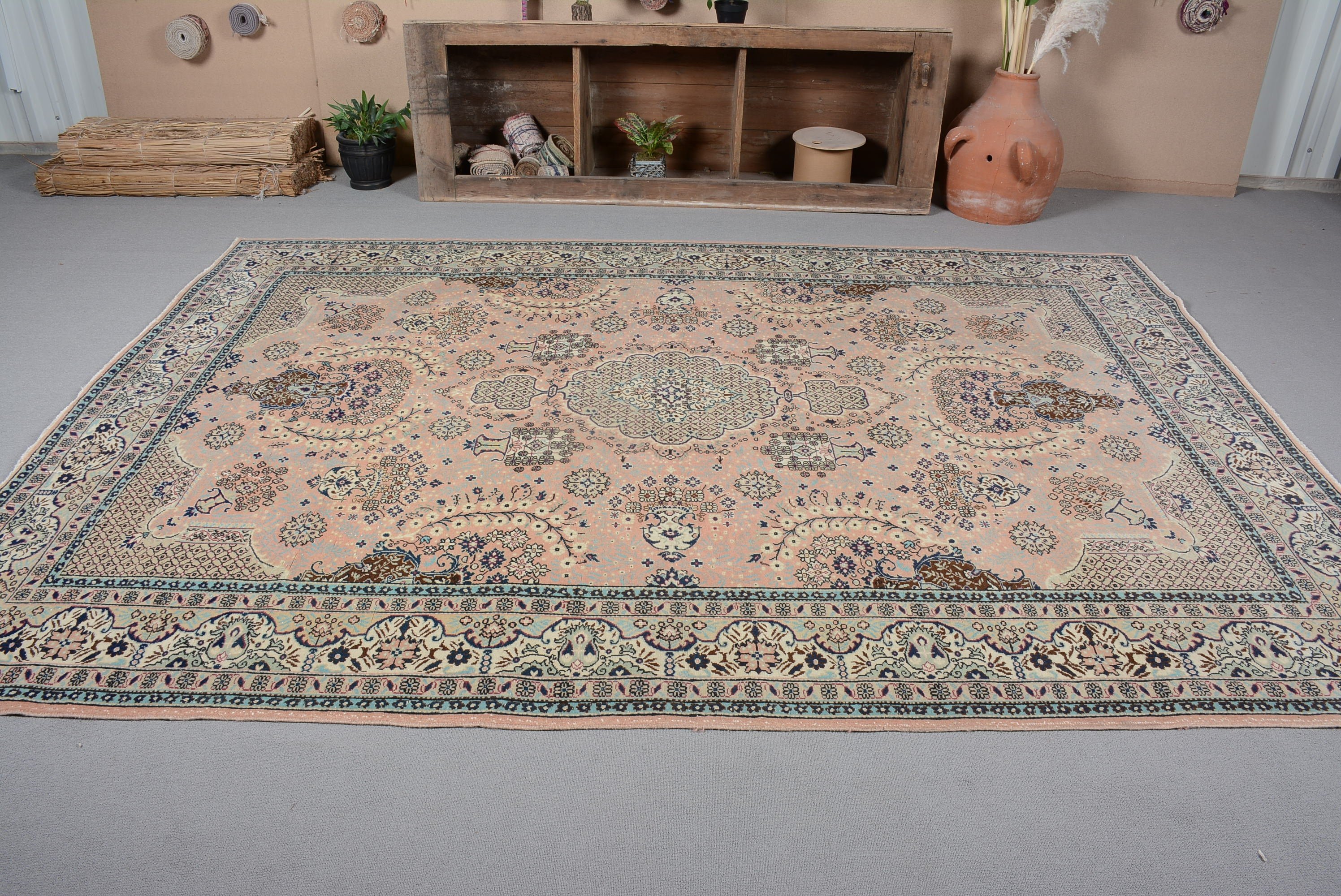 Vintage Rug, Turkish Rug, Dining Room Rugs, Rugs for Salon, Antique Rug, 6.8x9.6 ft Large Rug, Oushak Rug, Pink Floor Rug, Salon Rug