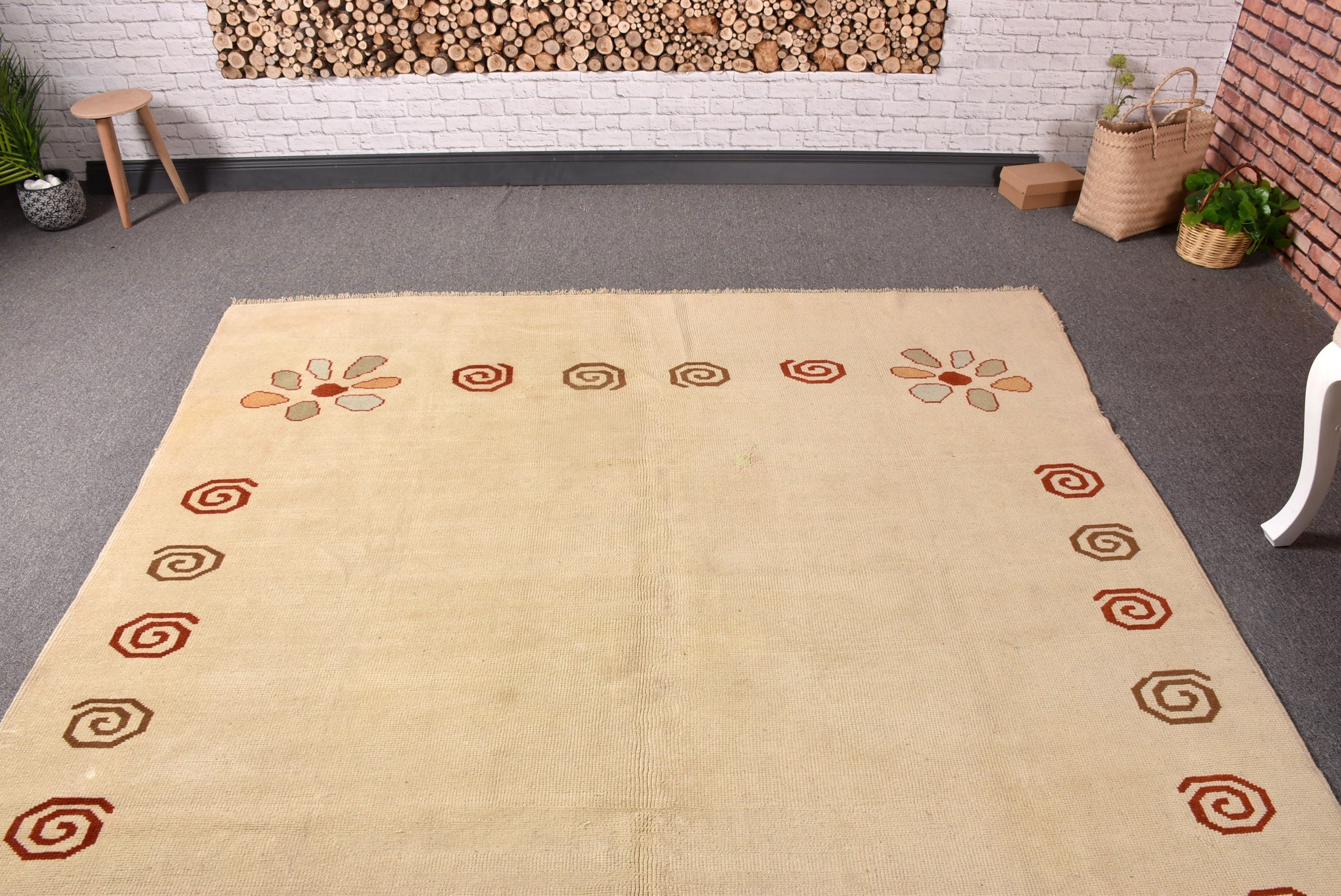 6.3x9.5 ft Büyük Halılar, Bej Oushak Halılar, Oushak Halılar, Yatak Odası Halıları, Türk Halıları, Boho Halılar, Vintage Halı, El Dokuma Halı, Büyük Boho Halılar