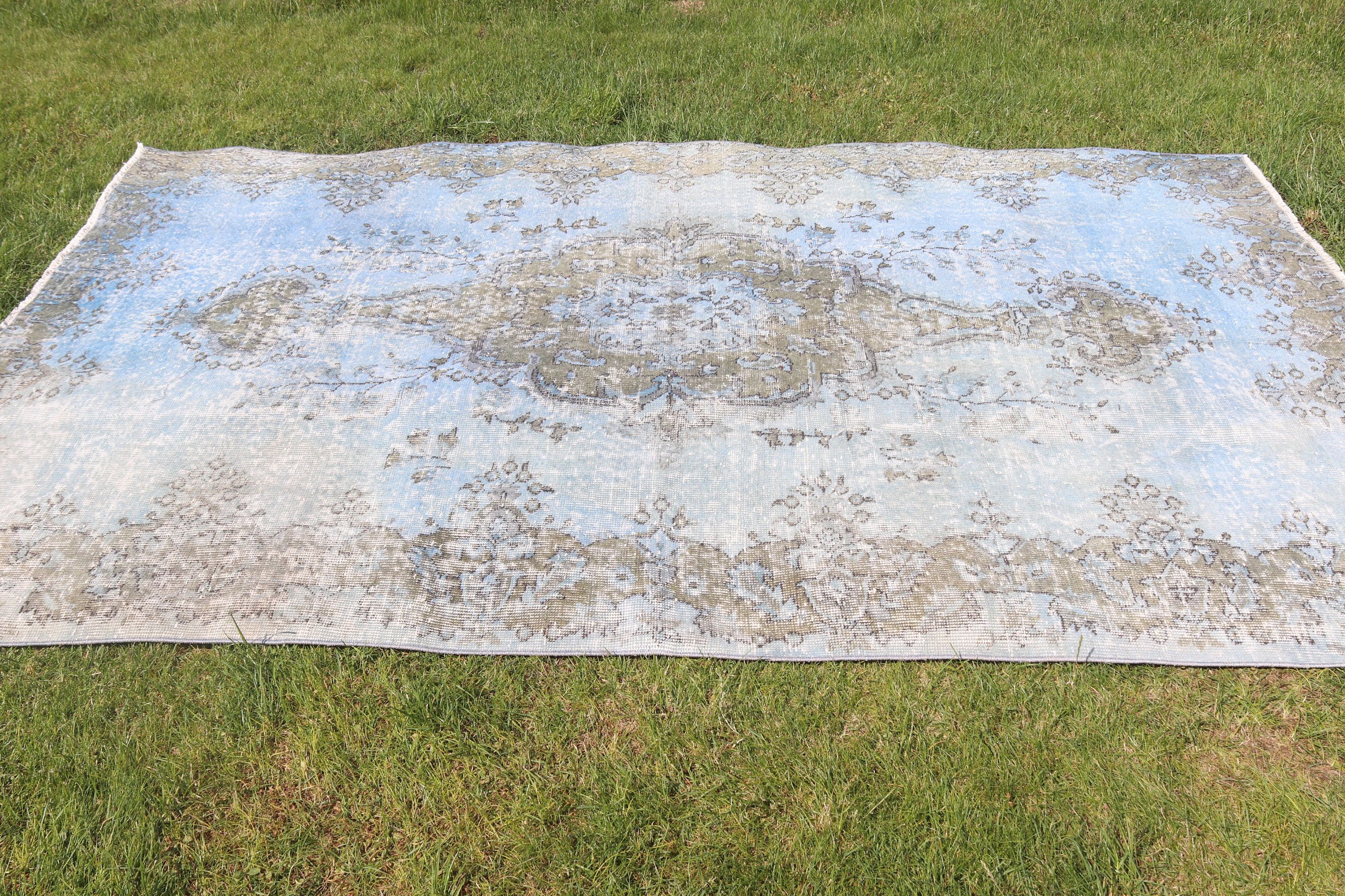 Yer Halısı, Mavi Antika Halı, Yatak Odası Halısı, 5.3x8.2 ft Büyük Halılar, Büyük Vintage Halılar, Türk Halıları, Vintage Halılar, Oushak Halı, Geometrik Halılar