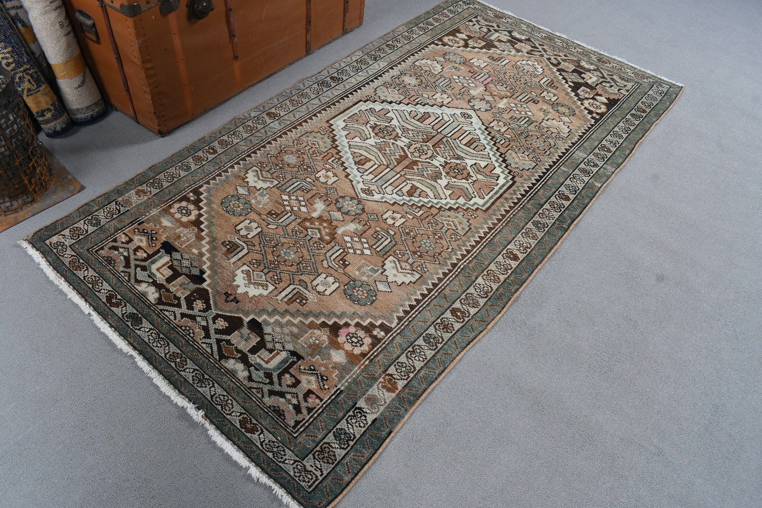 3,4x6,6 ft Aksan Halıları, Vintage Halılar, Yün Halı, Türk Halısı, Kahverengi Oushak Halıları, Mutfak Halısı, Fas Halıları, Giriş Halıları, Giriş Halıları