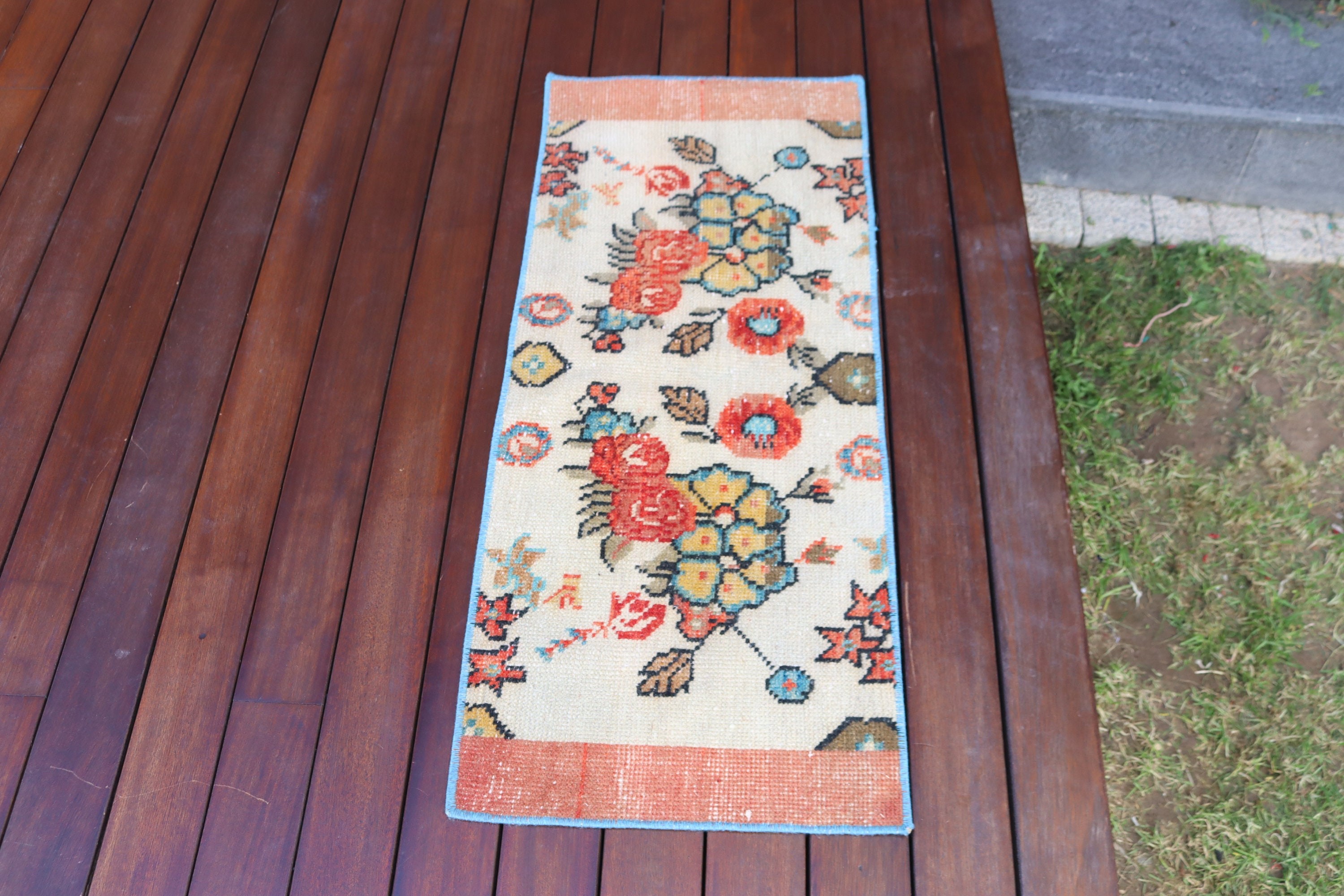 Mutfak Halısı, Yatak Odası Halısı, 1.4x3.4 ft Küçük Halı, Vintage Halı, Aztek Halısı, Türk Halısı, Bej Düz Dokuma Halı, Düz Dokuma Halılar, Duvara Asılı Halılar