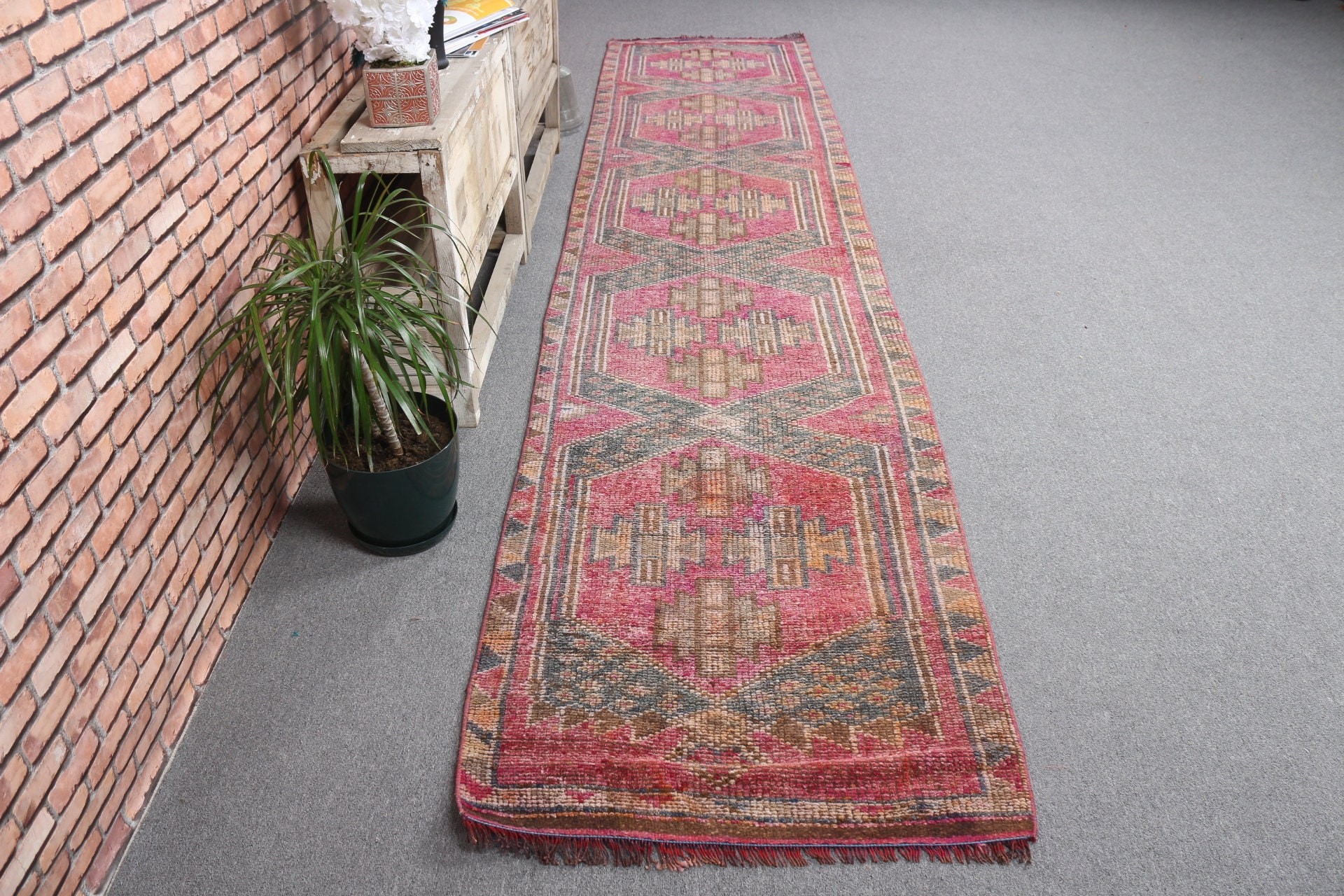 2.8x12.7 ft Runner Rugs, Turkish Rug, Corridor Rug, Rugs for Hallway, Antique Rug, Vintage Rugs, Moroccan Rug, Pink Cool Rugs, Kitchen Rug