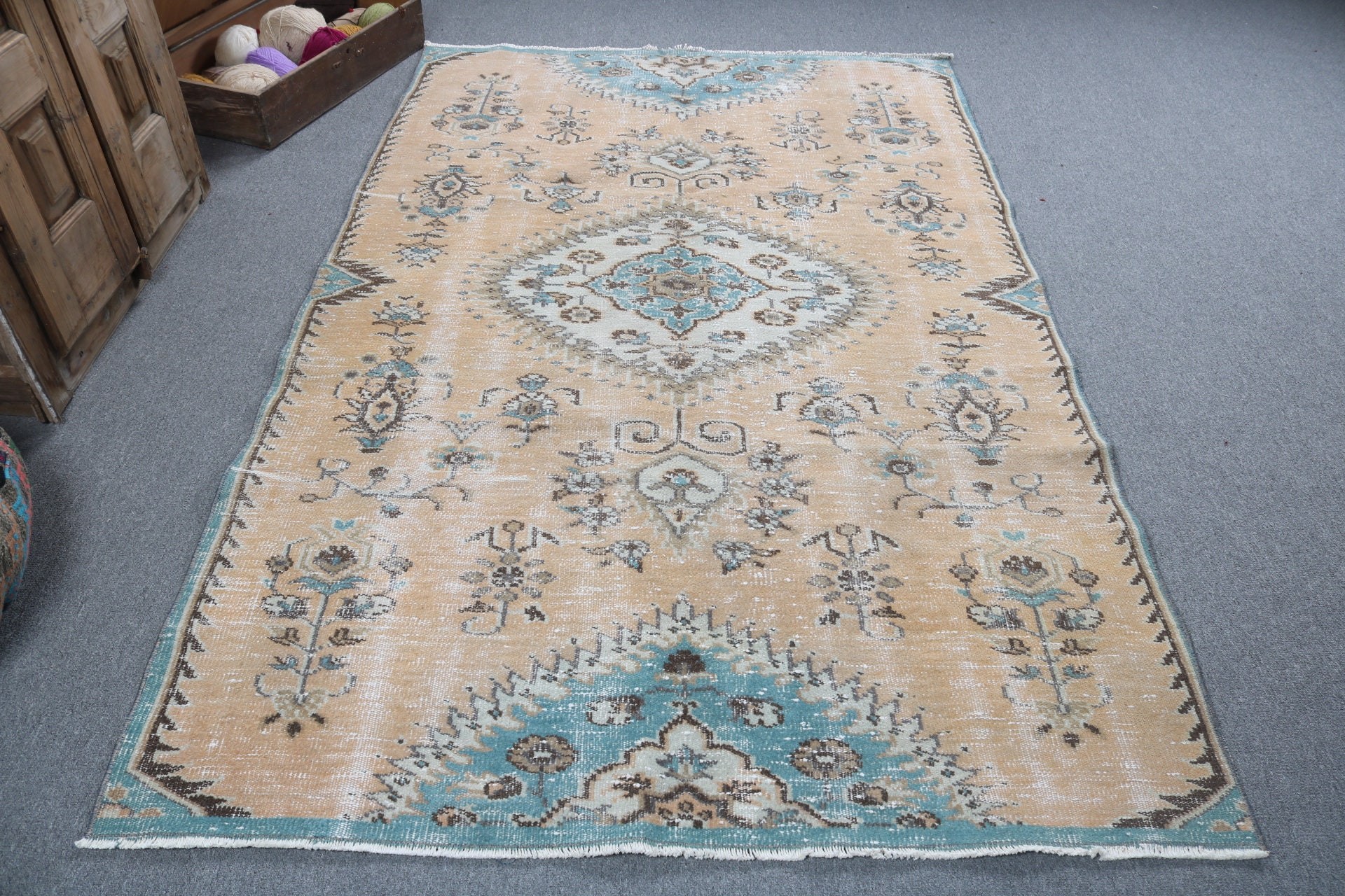 Salon Halıları, Vintage Halı, 5.1x8.2 ft Büyük Halı, El Dokuma Halı, Turuncu Antika Halılar, Yün Halılar, Büyük Boho Halı, Türk Halısı