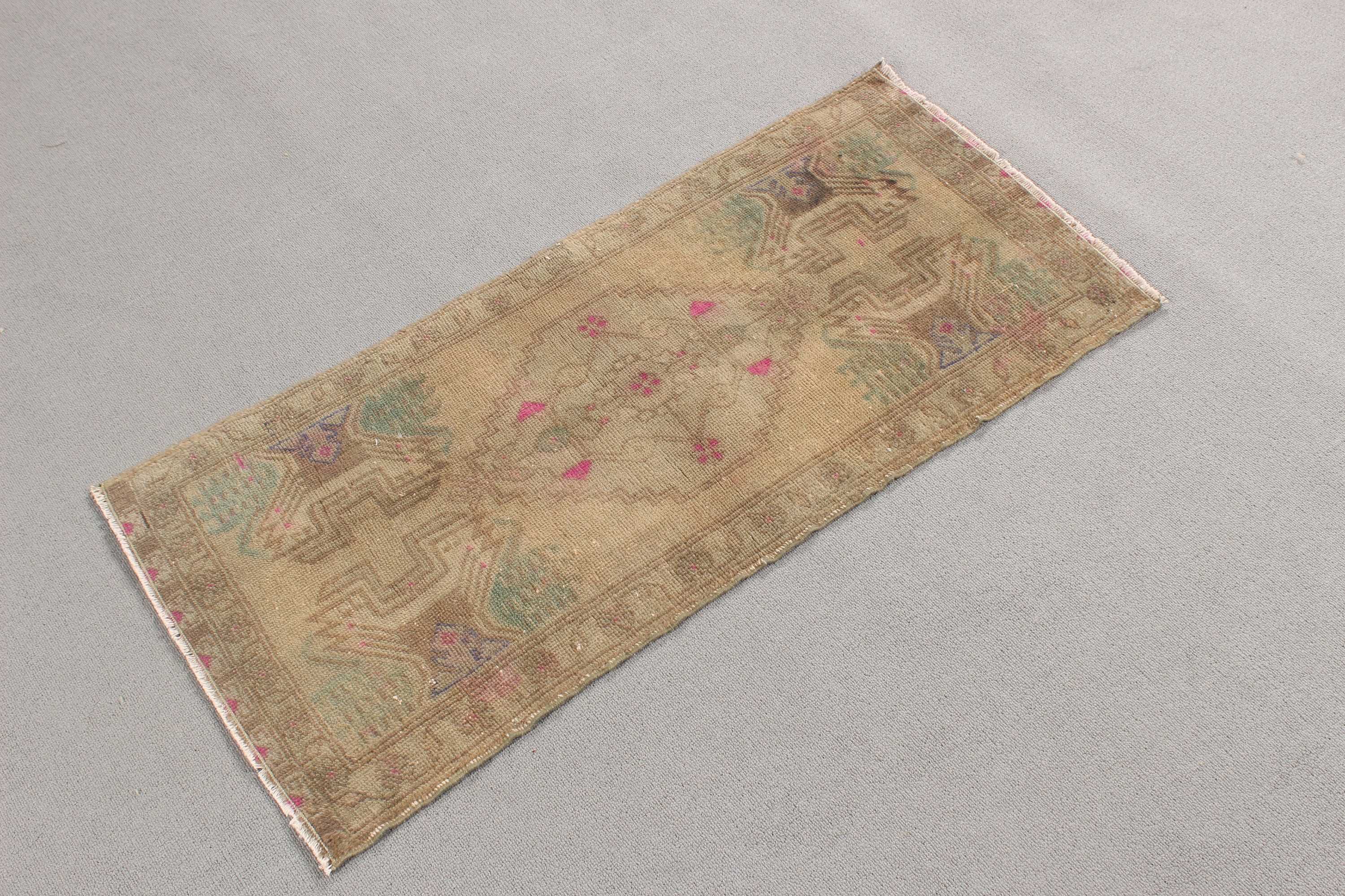 Vintage Halı, 1.6x3.4 ft Küçük Halı, Çocuk Halıları, Yeşil Geometrik Halılar, Paspas Halısı, Fas Halısı, Lüks Halı, Türk Halısı