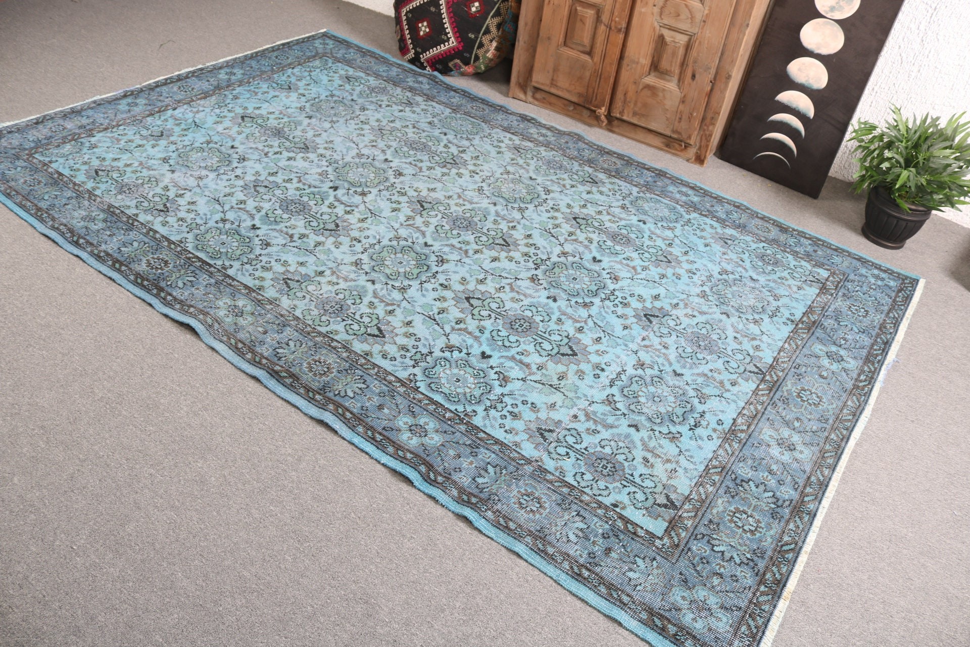 Türk Halıları, Yemek Odası Halısı, 5.8x9 ft Büyük Halı, Düz Dokuma Halılar, Mutfak Halısı, Mavi Mutfak Halısı, Büyük Vintage Halılar, Vintage Halılar