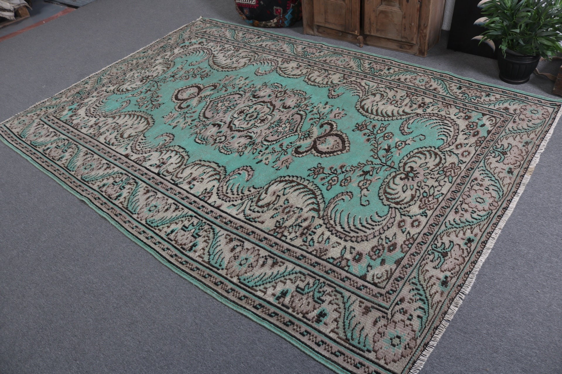 Yemek Odası Halıları, Oushak Halıları, 5.8x8.5 ft Büyük Halı, Vintage Halı, Büyük Oushak Halıları, Yeşil Nötr Halılar, Türk Halıları, Antika Halılar