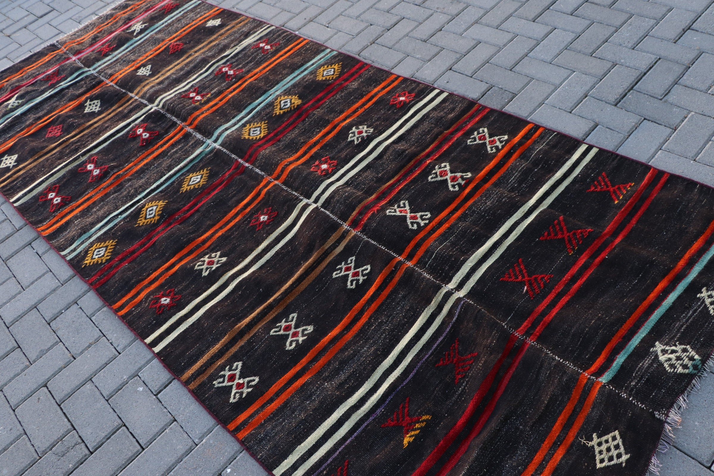 Vintage Rug, Oushak Rug, 4.4x10.5 ft Large Rug, Turkish Rug, Rugs for Salon, Bedroom Rug, Custom Rug, Salon Rug, Black Cool Rug, Kilim