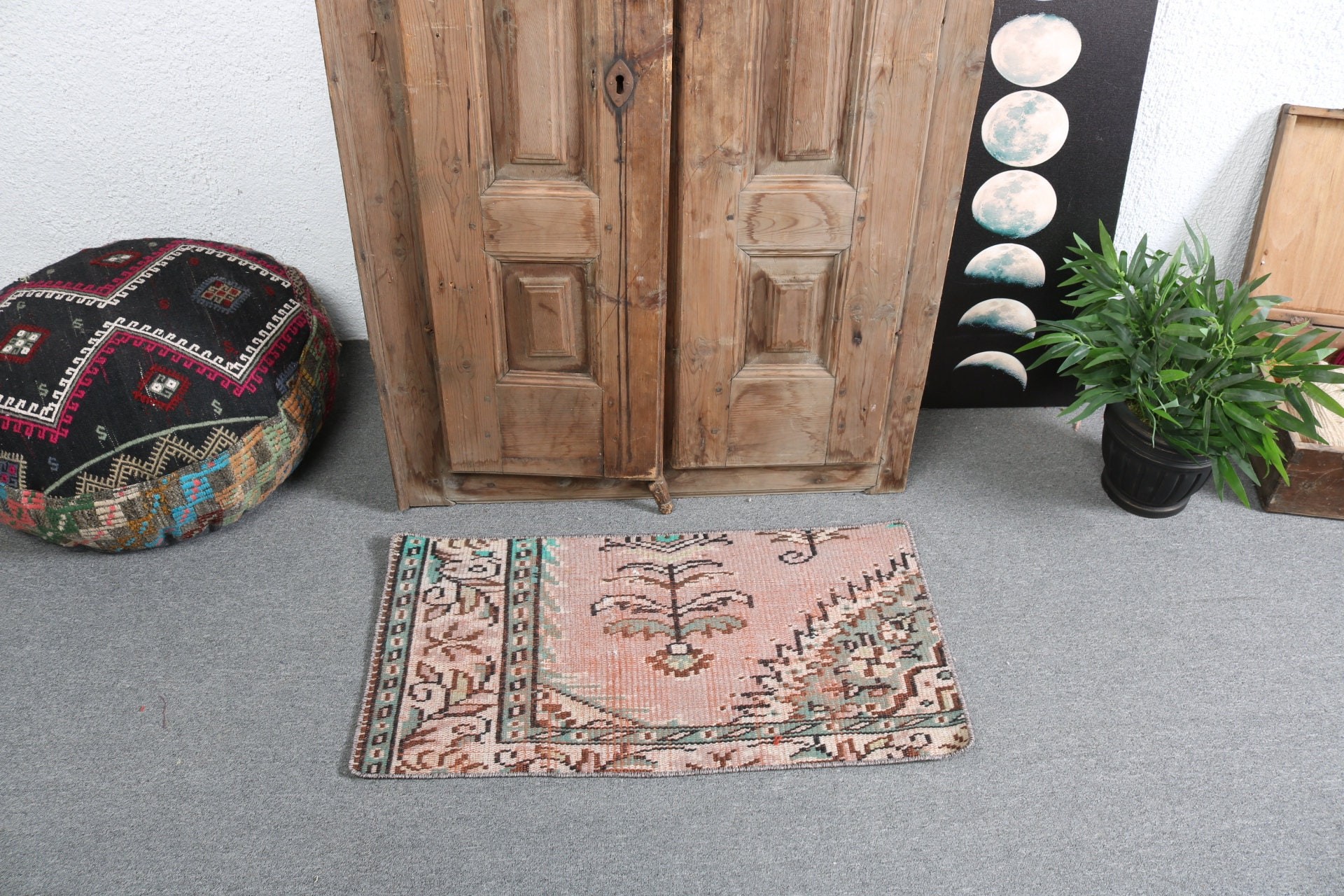 1.5x2.8 ft Küçük Halı, Kahverengi Fas Halıları, Giriş Halısı, Küçük Alan Halıları, Türk Halıları, Vintage Halı, Boho Halıları, Havalı Halı, Yatak Odası Halıları