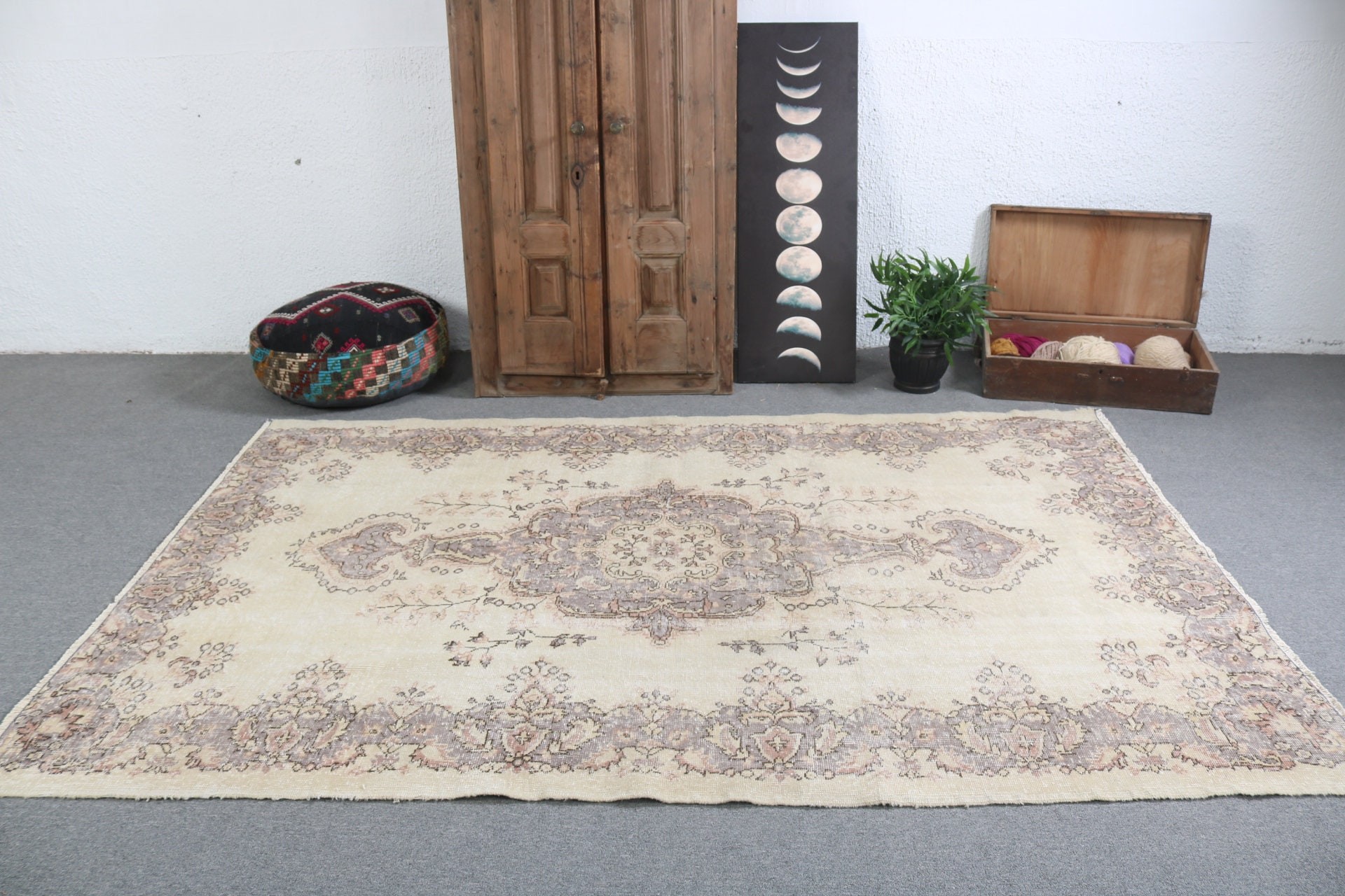 Bej 5.8x8.6 ft Büyük Halılar, Organik Halılar, Büyük Boho Halıları, Türk Halısı, Yatak Odası Halıları, Vintage Halılar, Boho Halıları, Salon Halısı