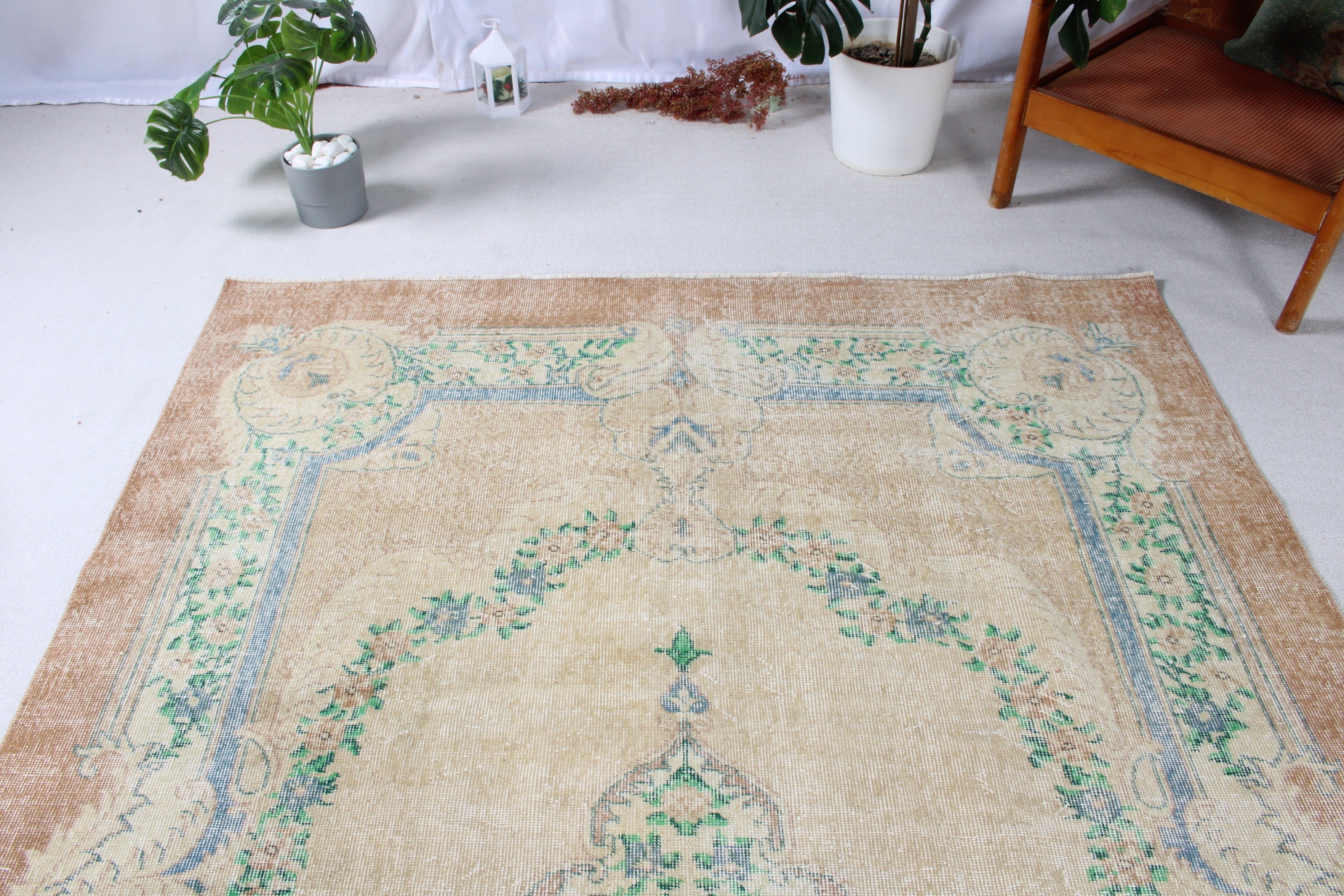 Geometrik Halılar, Türk Halısı, Vintage Dekor Halısı, Oturma Odası Halıları, Kahverengi Yün Halısı, Nötr Halısı, Vintage Halısı, 6.1x9 ft Büyük Halısı, Salon Halısı