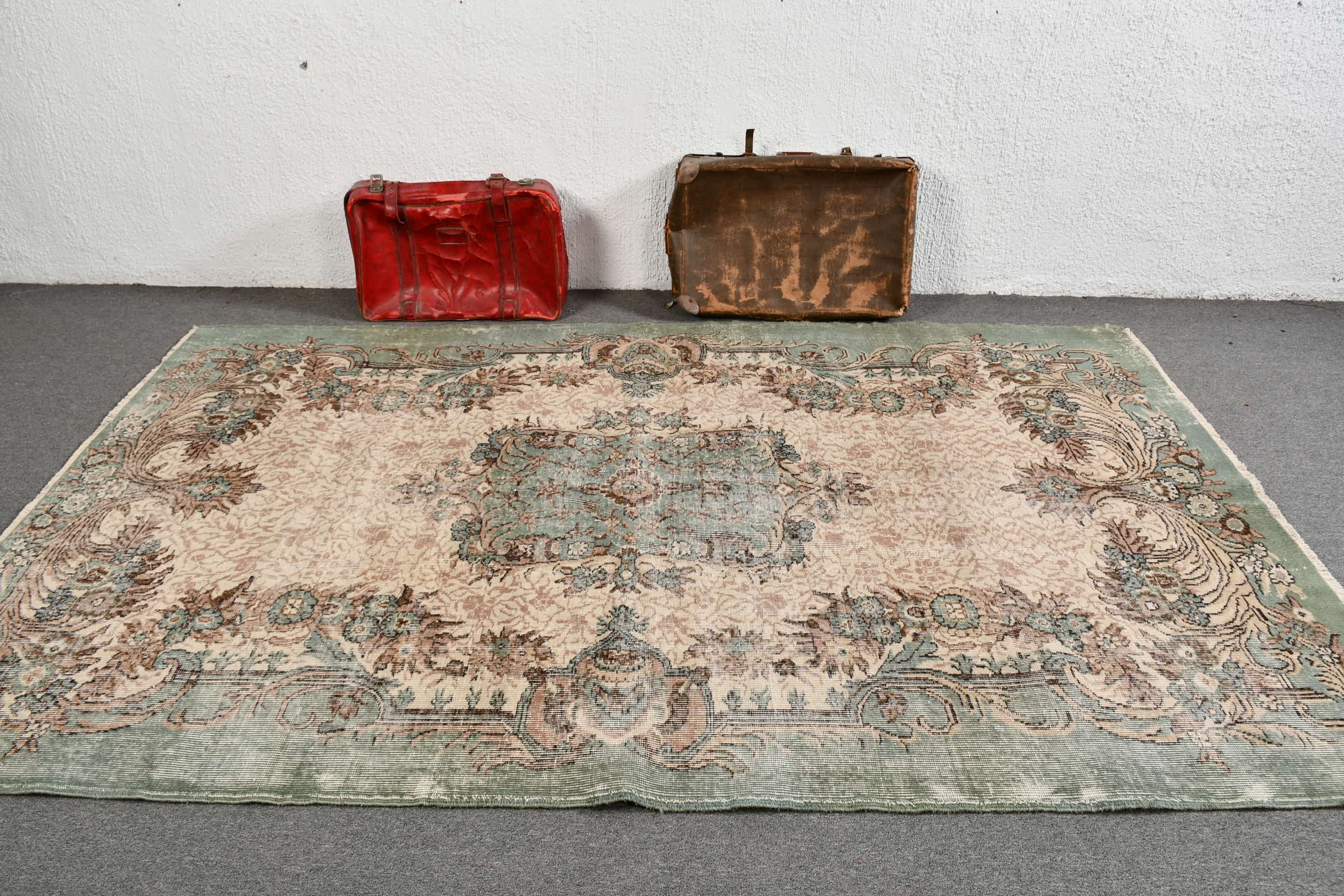 Vintage Halı, Özel Halı, Türk Halısı, Oturma Odası Halıları, 6x9.2 ft Büyük Halı, Yeşil Yün Halılar, Fas Halısı, Yemek Odası Halısı