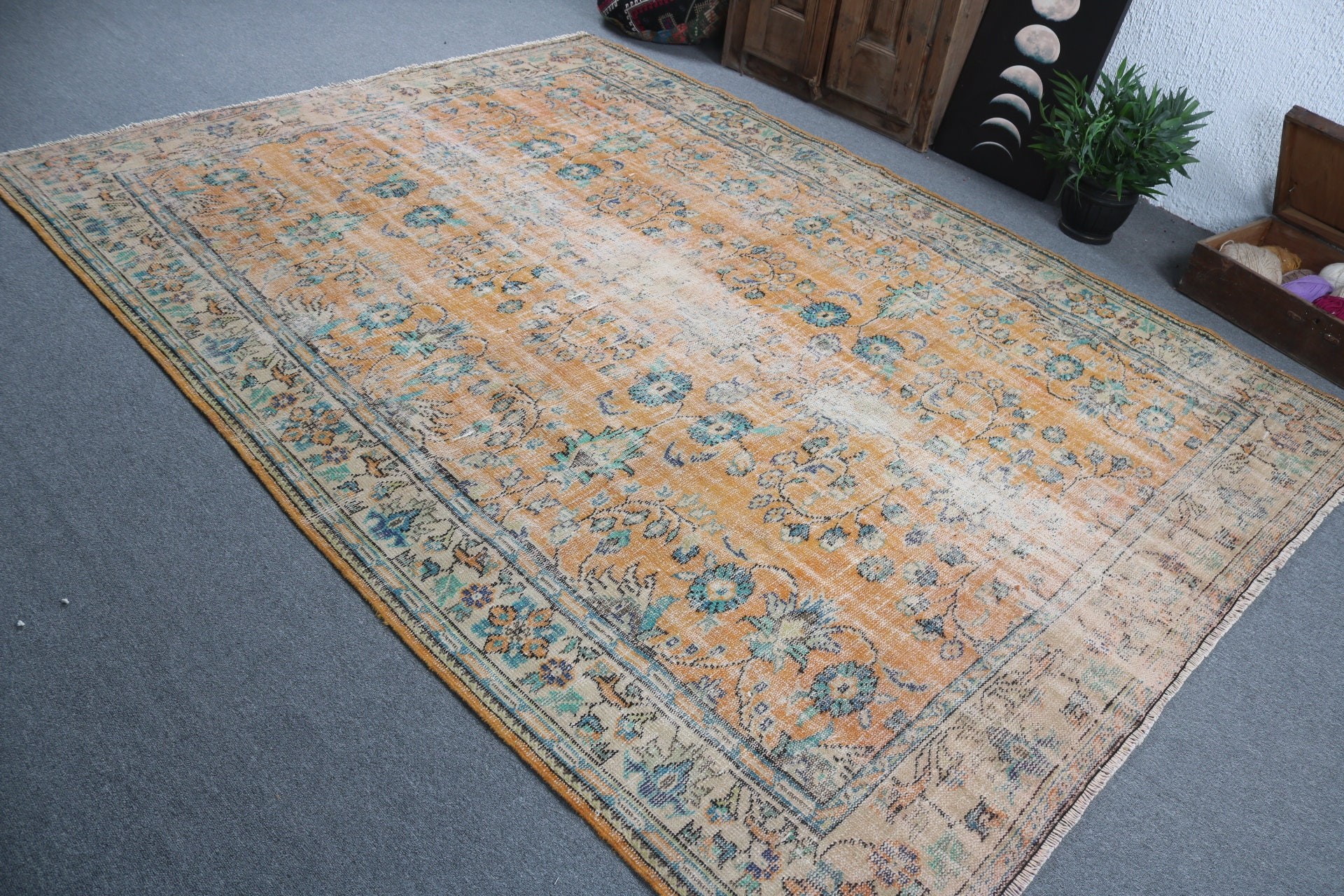 6.8x9.6 ft Büyük Halı, Vintage Halı, Türk Halısı, Oturma Odası Halıları, Antika Halı, Yemek Odası Halısı, Sarı Antika Halı, Yatak Odası Halıları, Yer Halısı