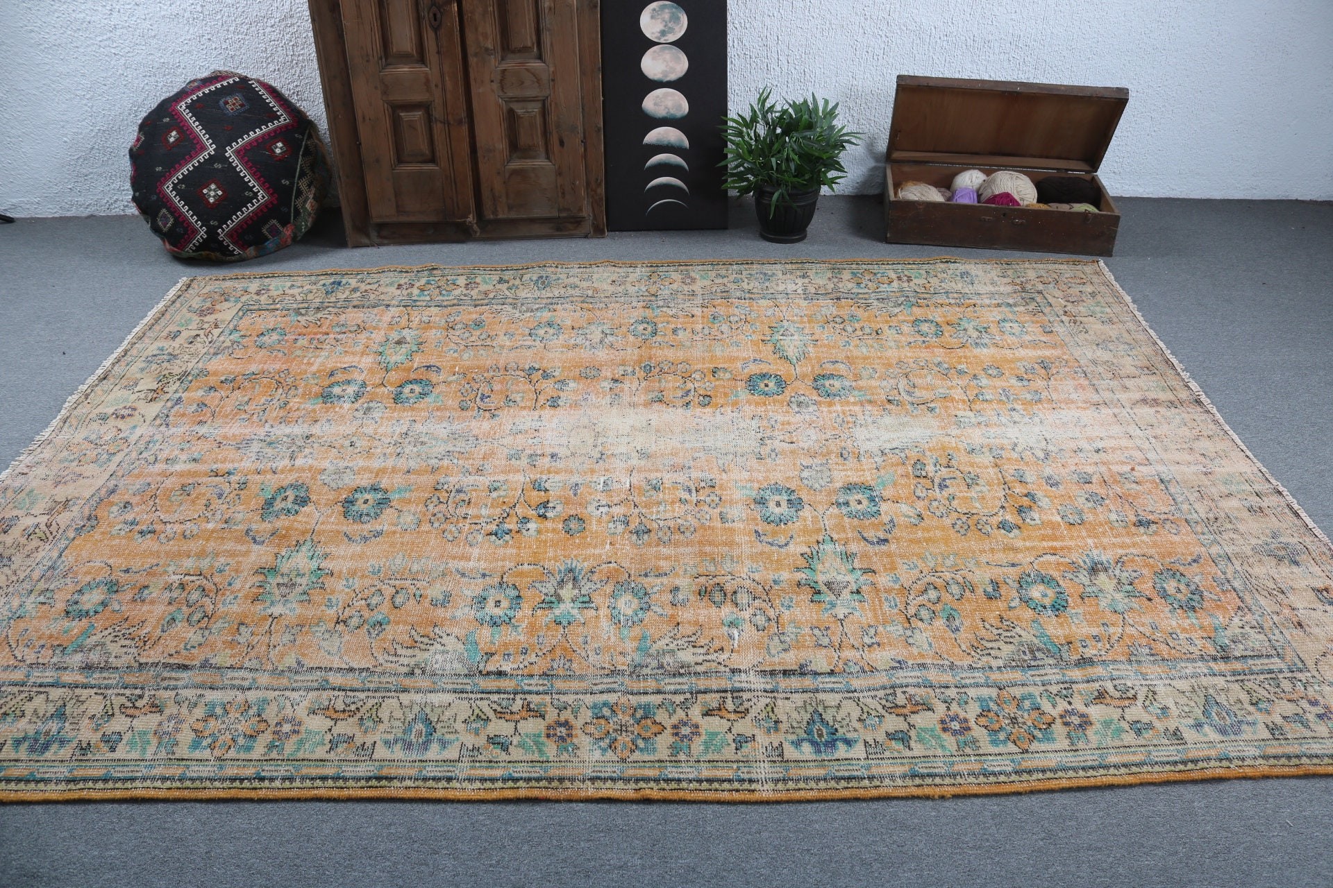 6.8x9.6 ft Büyük Halı, Vintage Halı, Türk Halısı, Oturma Odası Halıları, Antika Halı, Yemek Odası Halısı, Sarı Antika Halı, Yatak Odası Halıları, Yer Halısı