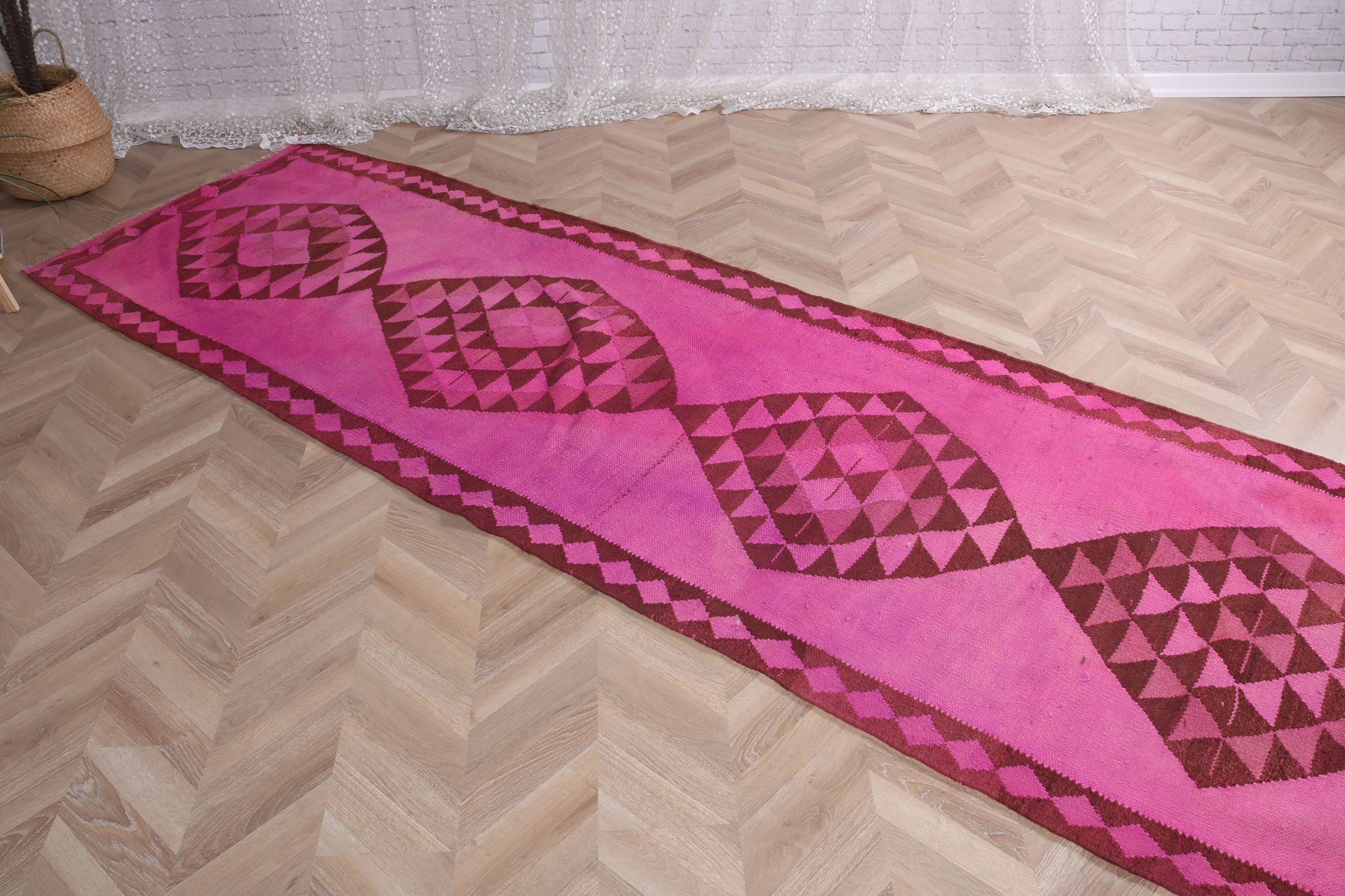 Vintage Halı, Koridor Halıları, Oushak Halısı, Ev Dekorasyonu Halısı, Pembe Oryantal Halısı, Türk Halıları, Vintage Runner Halıları, 3,5x11,1 ft Runner Halısı