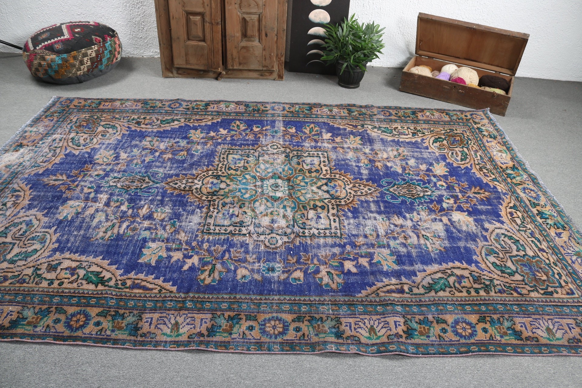 Oryantal Halılar, Yemek Odası Halıları, Vintage Halı, Büyük Oushak Halıları, Türk Halısı, Oushak Halıları, Mavi 6,1x9,4 ft Büyük Halı