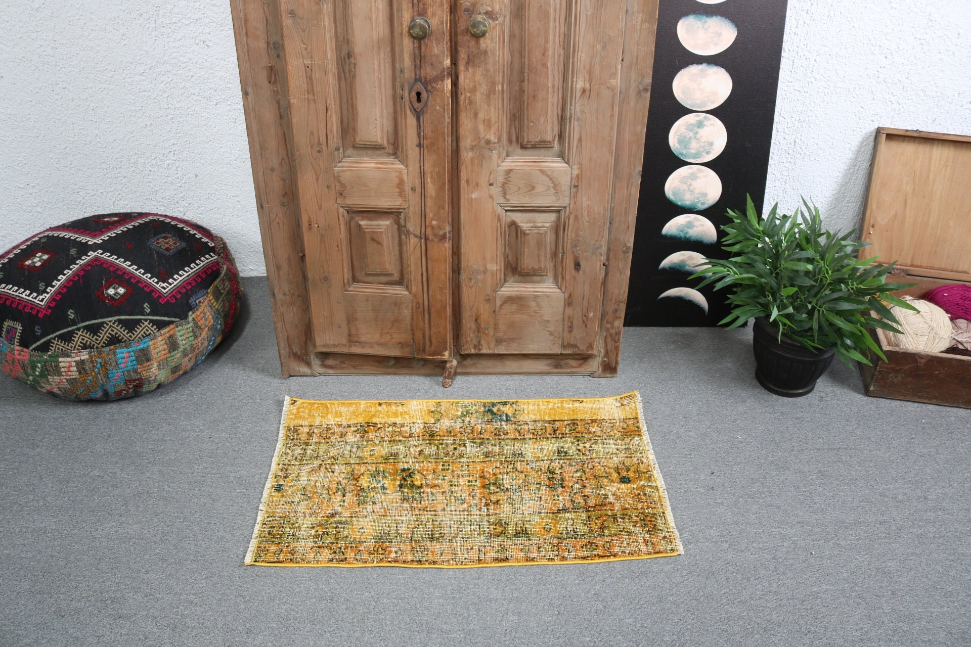 1.6x2.8 ft Küçük Halılar, Türk Halısı, El Dokuma Halılar, Vintage Halı, Küçük Alan Halısı, Mutfak Halısı, Sarı Soğuk Halılar, Etnik Halı