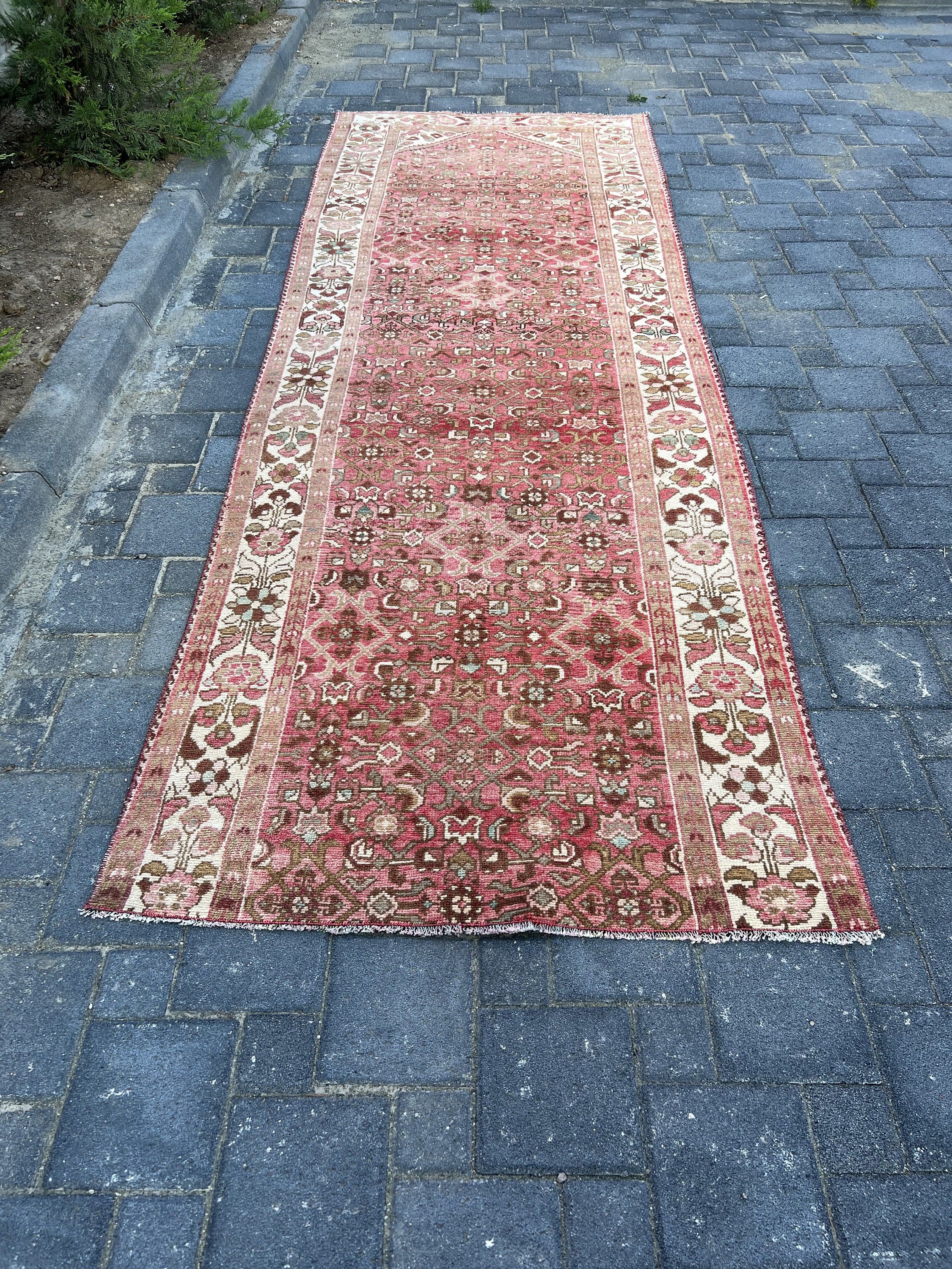 Pink Wool Rug, Bohemian Rug, Rugs for Kitchen, Corridor Rugs, Kitchen Rug, 3.7x10.6 ft Runner Rug, Vintage Rugs, Turkish Rug