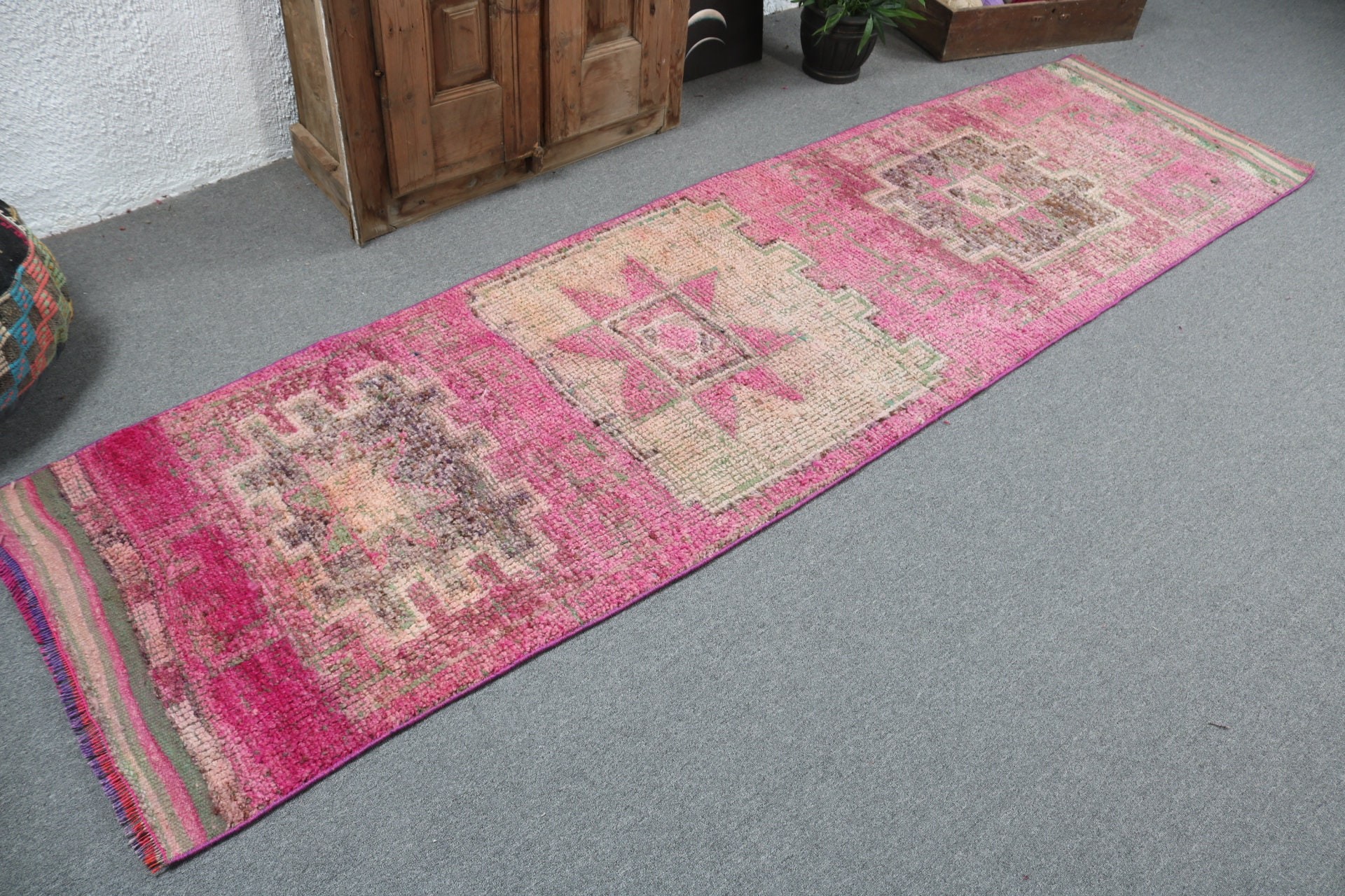 Bedroom Rug, Pink Geometric Rug, Flatweave Rugs, Vintage Runner Rugs, Rugs for Runner, Turkish Rug, Vintage Rugs, 2.5x9.7 ft Runner Rugs