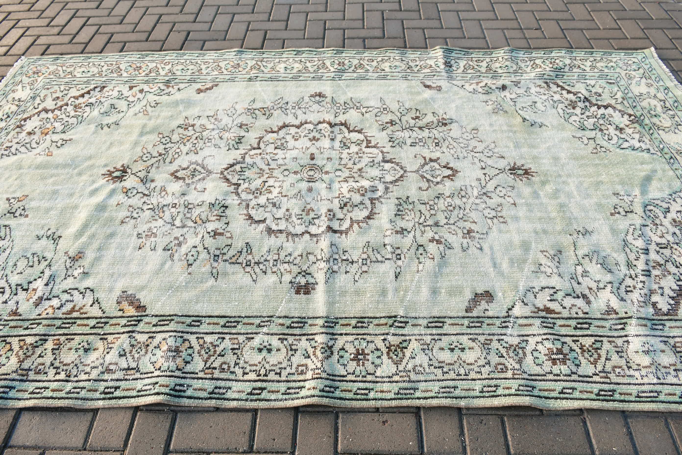 Yemek Odası Halısı, Vintage Halı, 6x10 ft Büyük Halı, Soğuk Halı, Yeşil Oushak Halı, Pastel Halı, Türk Halıları, Yatak Odası Halısı, Oturma Odası Halıları