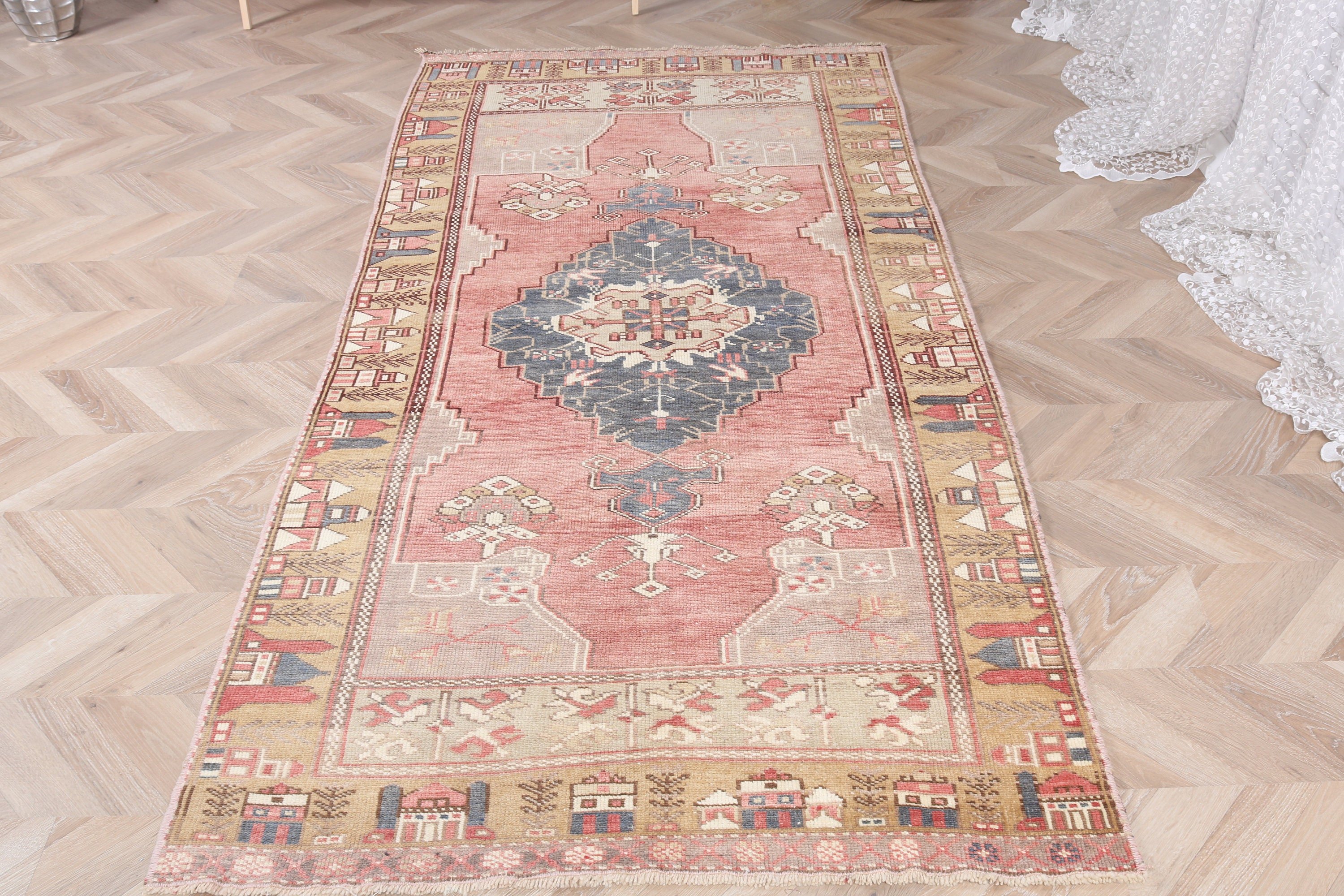 Modern Halılar, Vintage Halı, 3,6x8 ft Alan Halıları, Oturma Odası Halıları, Türk Halısı, Yer Halısı, Yün Halı, Kırmızı Soğuk Halı, Boho Alanı Halıları