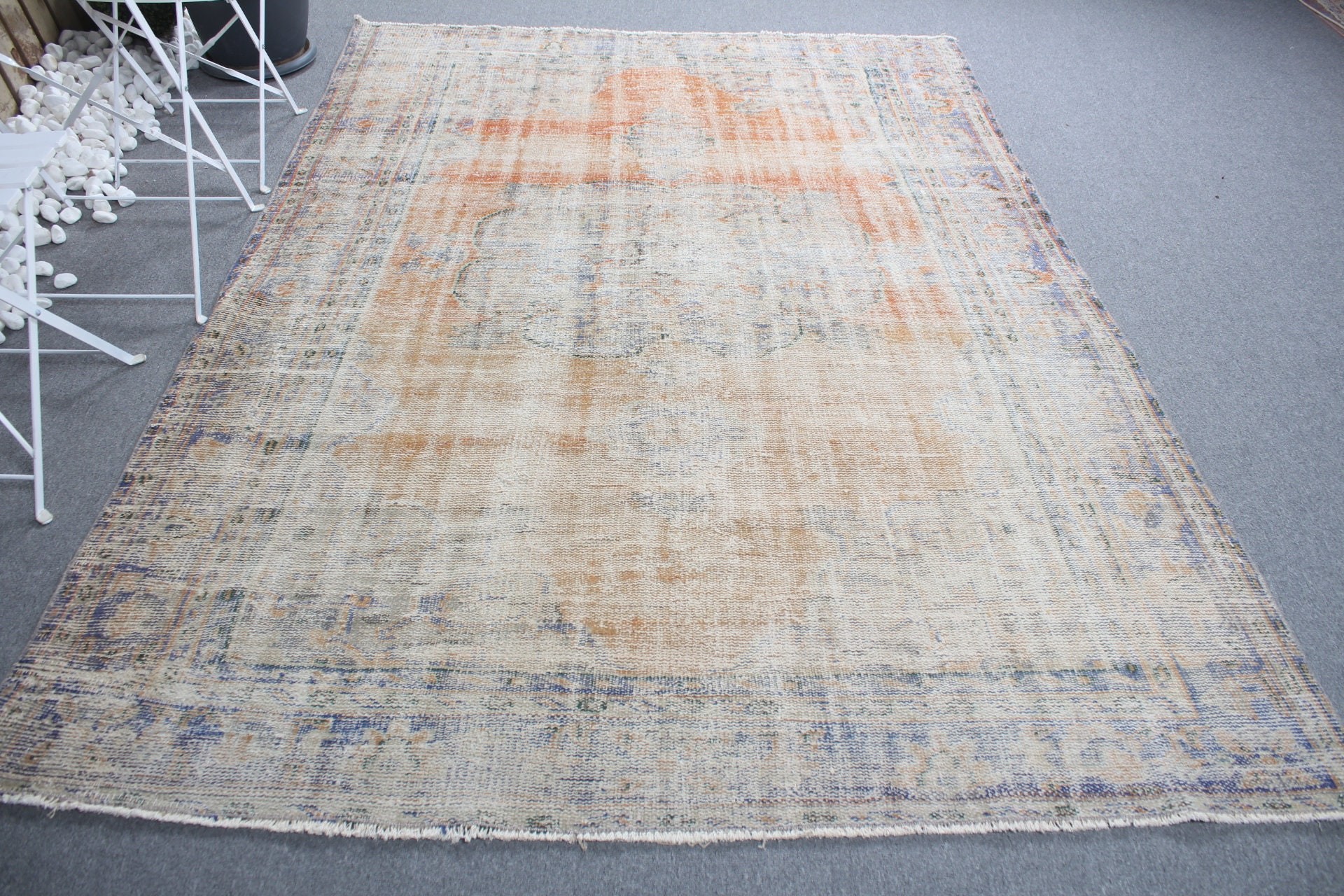 Ofis Halısı, Vintage Halı, Türk Halısı, Oturma Odası Halıları, Salon Halıları, 6.3x8.4 ft Büyük Halı, Ev Dekor Halısı, Turuncu Soğuk Halı