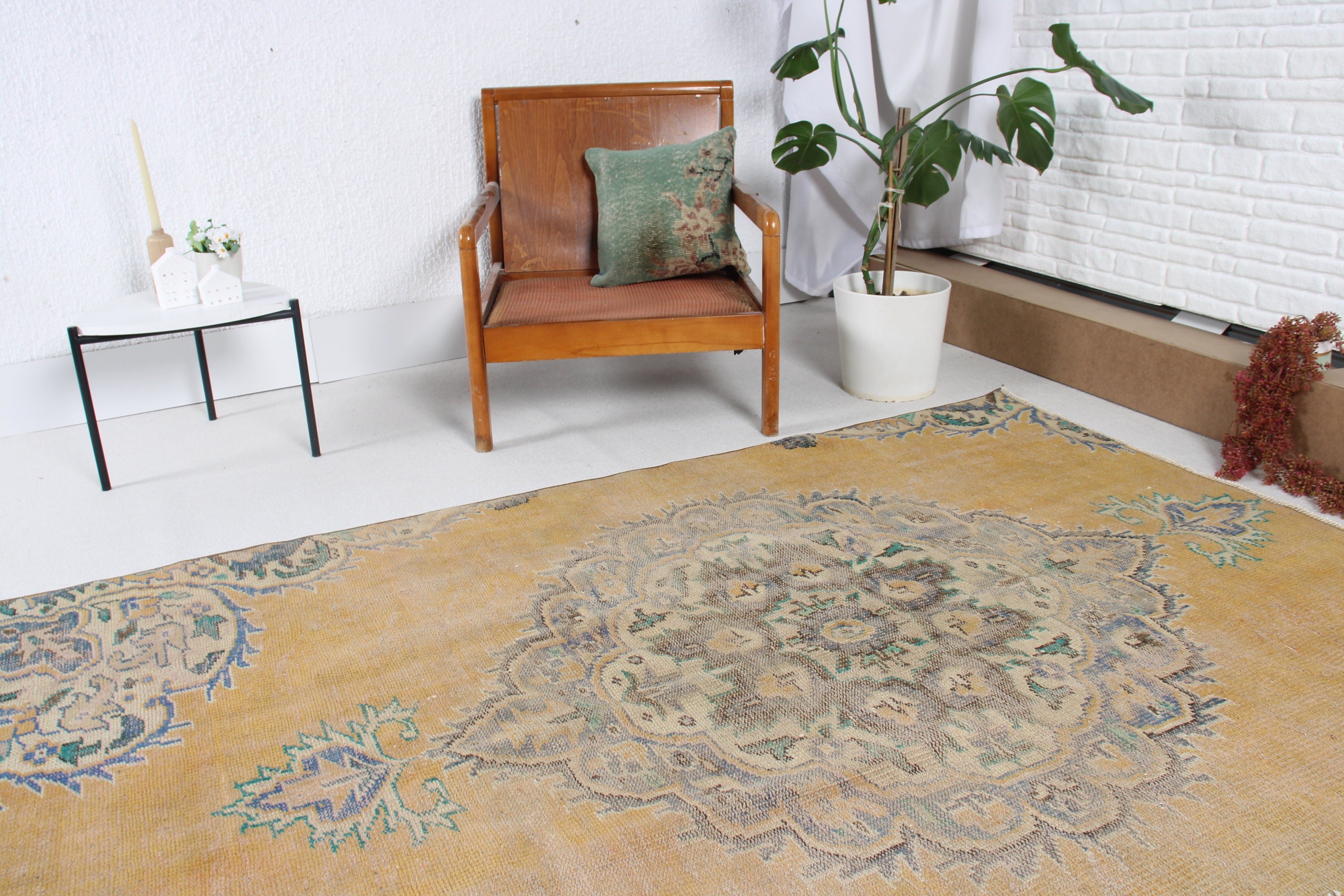 Düz Dokuma Halı, Türk Halıları, Egzotik Halı, Oushak Alan Kilimi, Vintage Halılar, Sarı Geometrik Halı, Yatak Odası Halıları, Boho Halı, 4,9x7,3 ft Alan Halıları