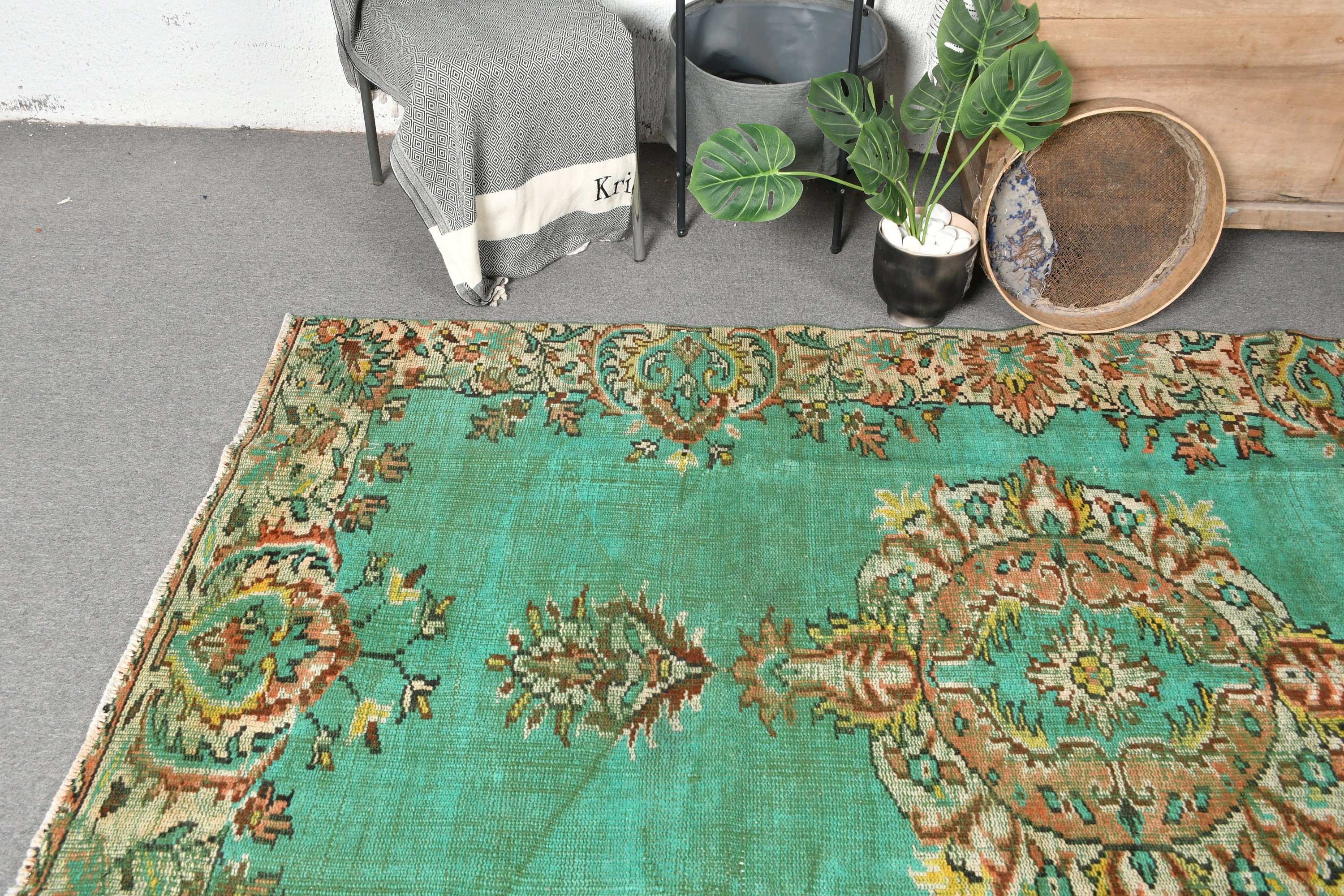 Living Room Rug, Green  4.9x8.4 ft Large Rugs, Kitchen Rugs, Wool Rug, Rugs for Salon, Turkish Rugs, Vintage Rugs, Salon Rug